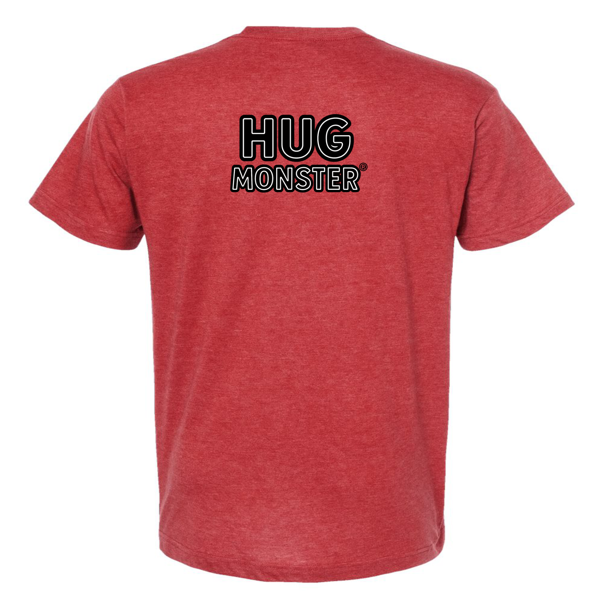 Hug Monster Classic Logo Bold Outline (Black & White Logo) T-Shirt in Heather Scarlet Red – Back View