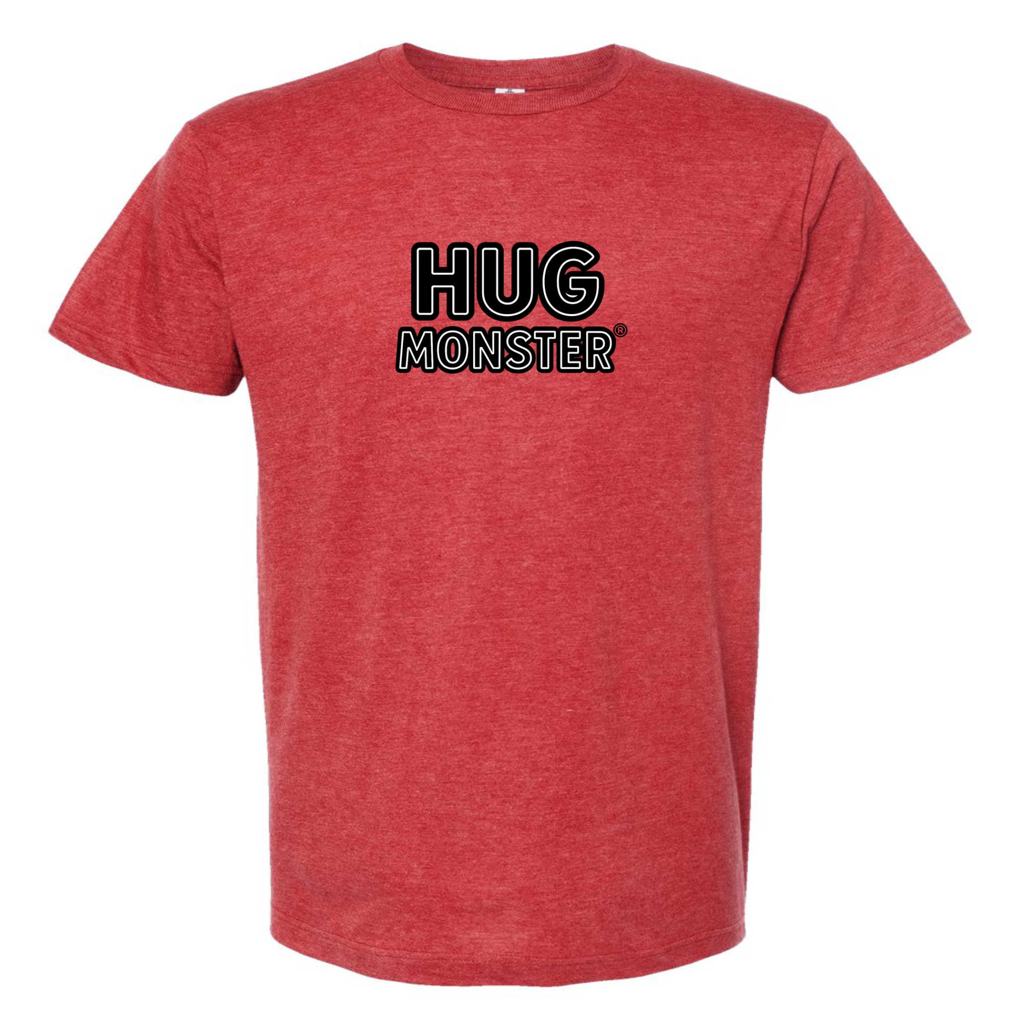 Hug Monster Classic Logo Bold Outline (Black & White Logo) T-Shirt in Heather Scarlet Red – Front View