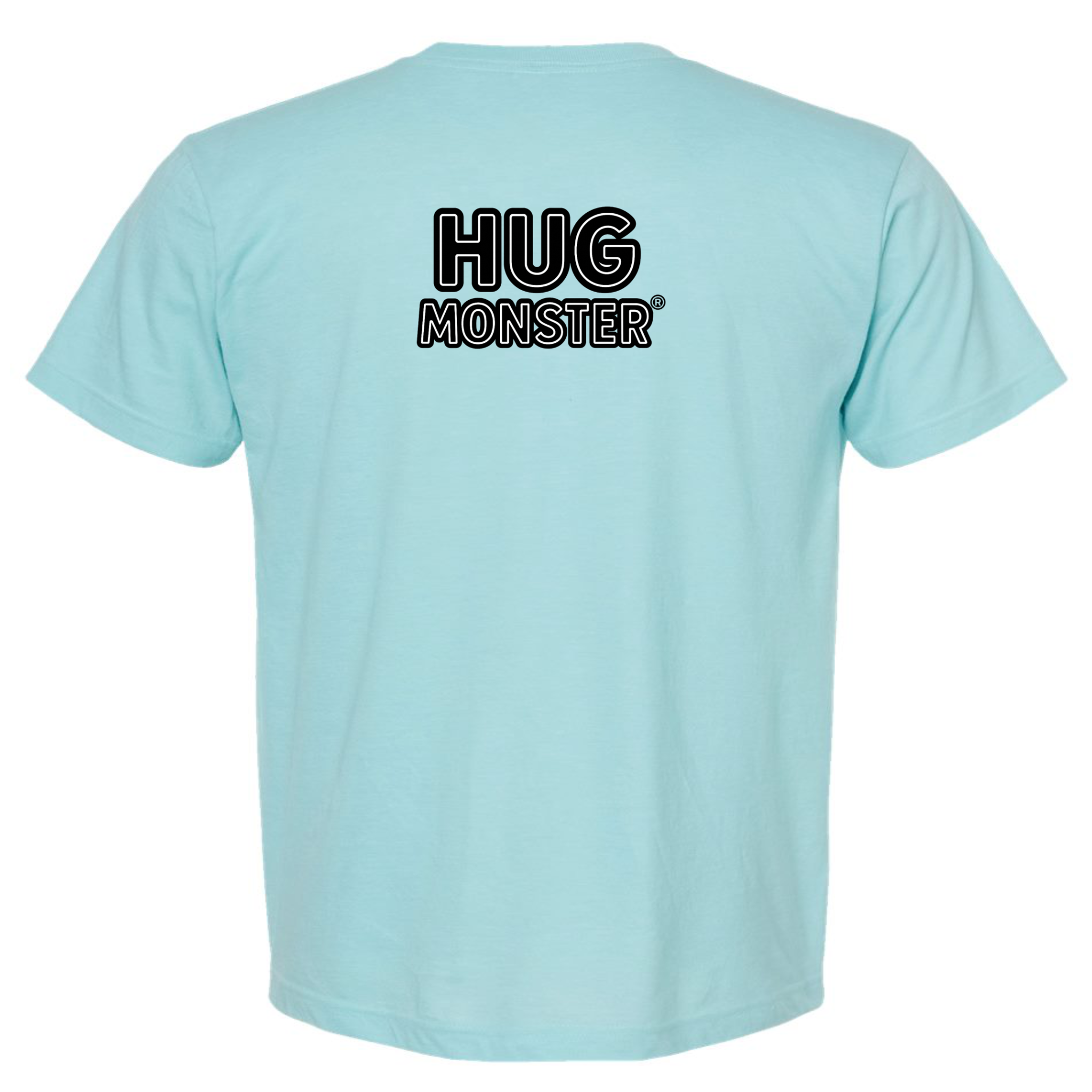 Hug Monster Classic Logo Bold Outline (Black & White Logo) T-Shirt in Heather Turquoise – Back View