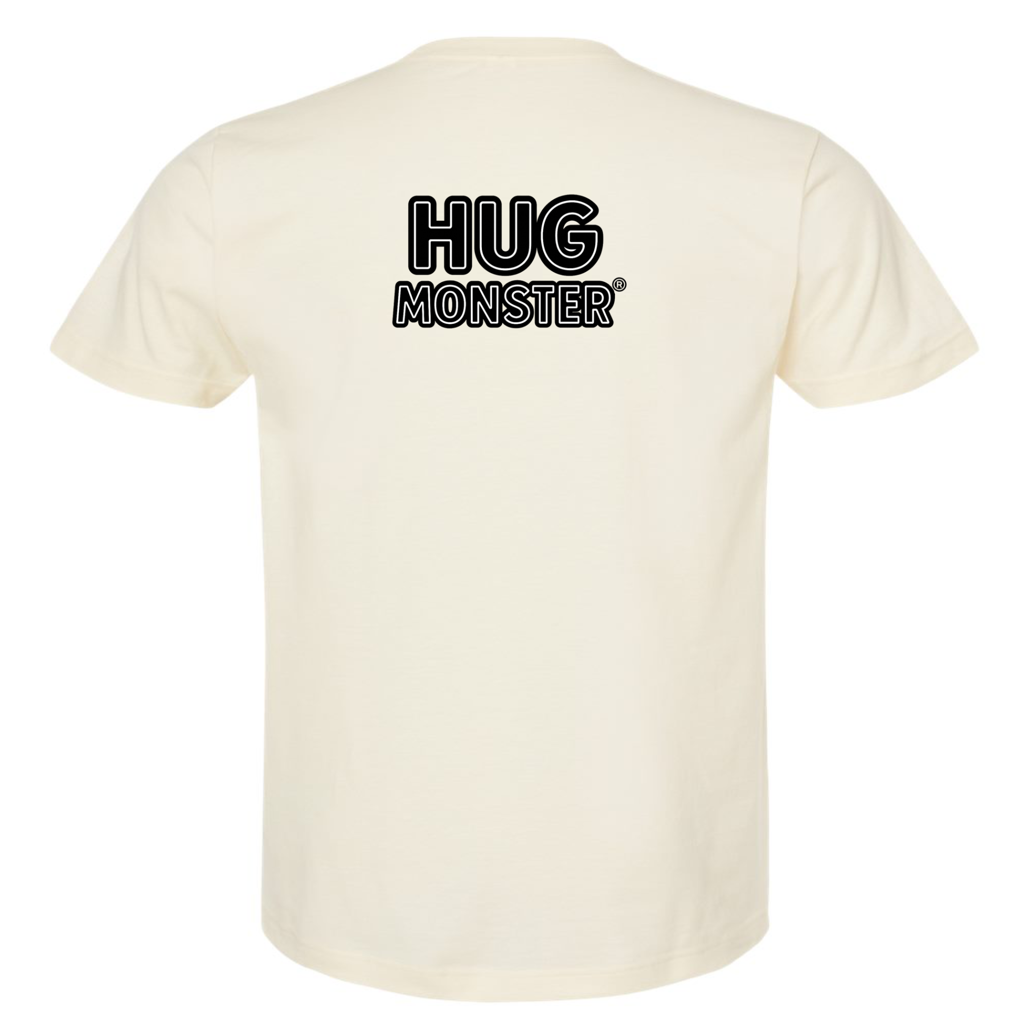 Hug Monster Classic Logo Bold Outline (Black & White Logo) T-Shirt - Positive Message Graphic Tee in Natural – Back View