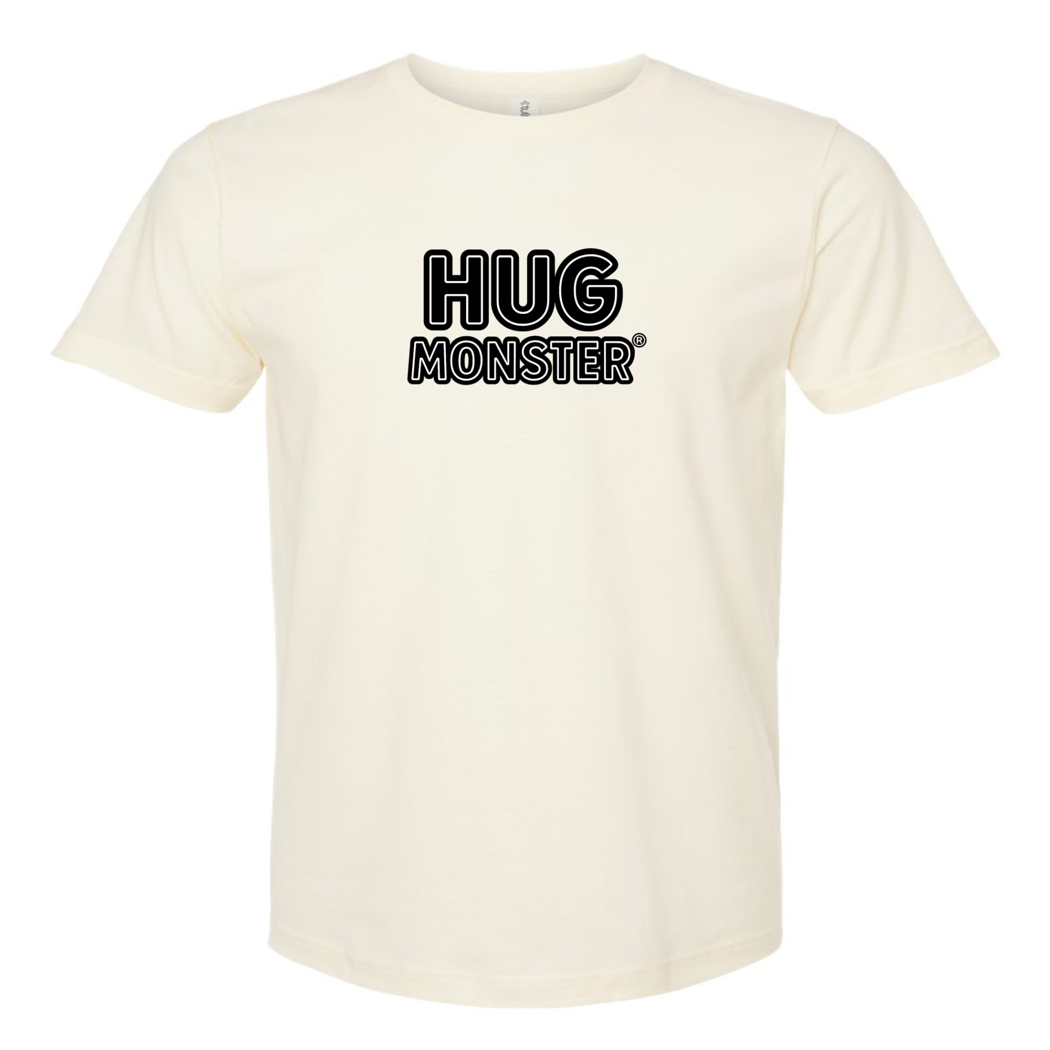 Hug Monster Classic Logo Bold Outline (Black & White Logo) T-Shirt - Positive Message Graphic Tee in Natural – Front View