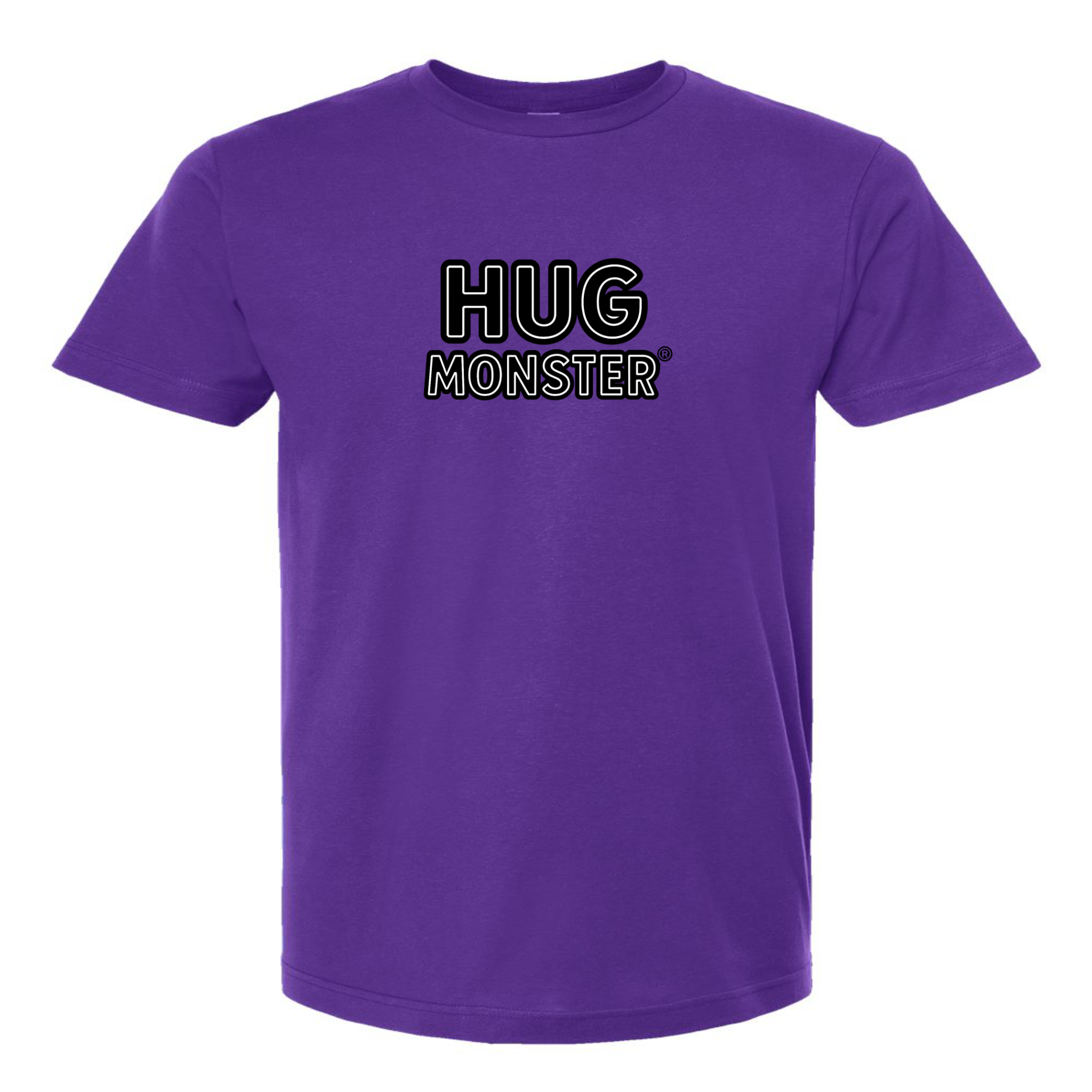 Hug Monster Classic Logo Bold Outline (Black & White Logo) T-Shirt - Positive Message Graphic Tee in Purple – Front View