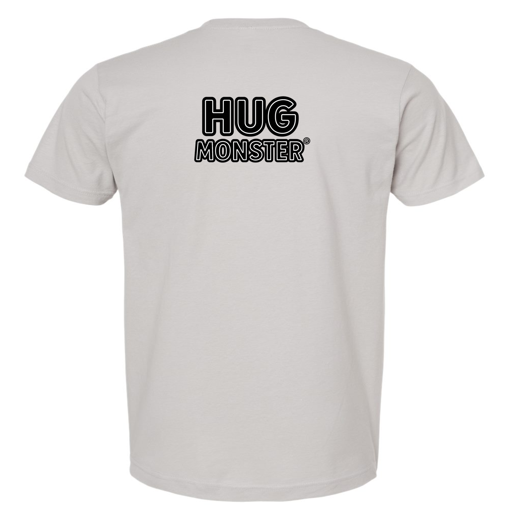 Hug Monster Classic Logo Bold Outline (Black & White Logo) T-Shirt - Positive Message Graphic Tee in Silver – Back View