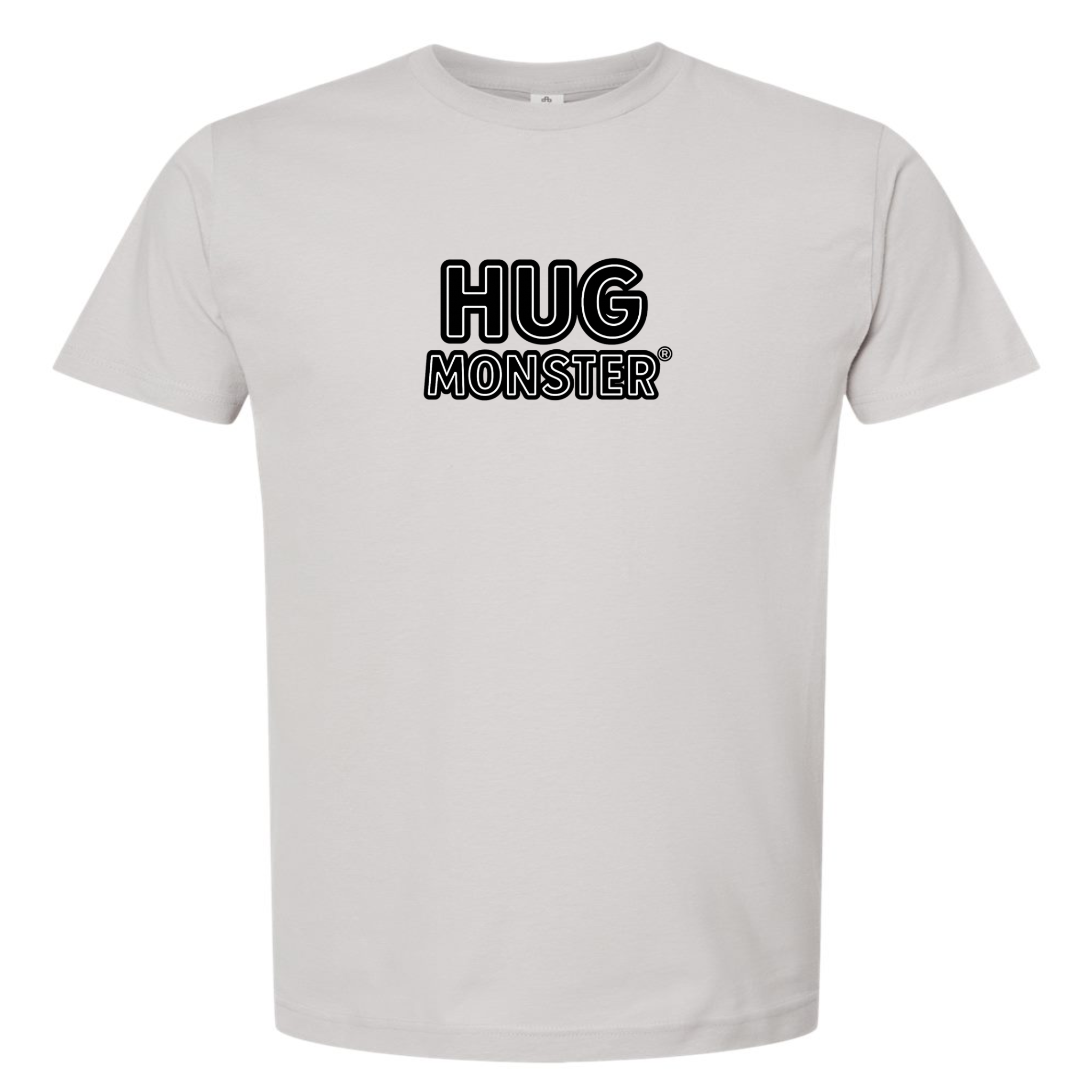 Hug Monster Classic Logo Bold Outline (Black & White Logo) T-Shirt - Positive Message Graphic Tee in Silver – Front View