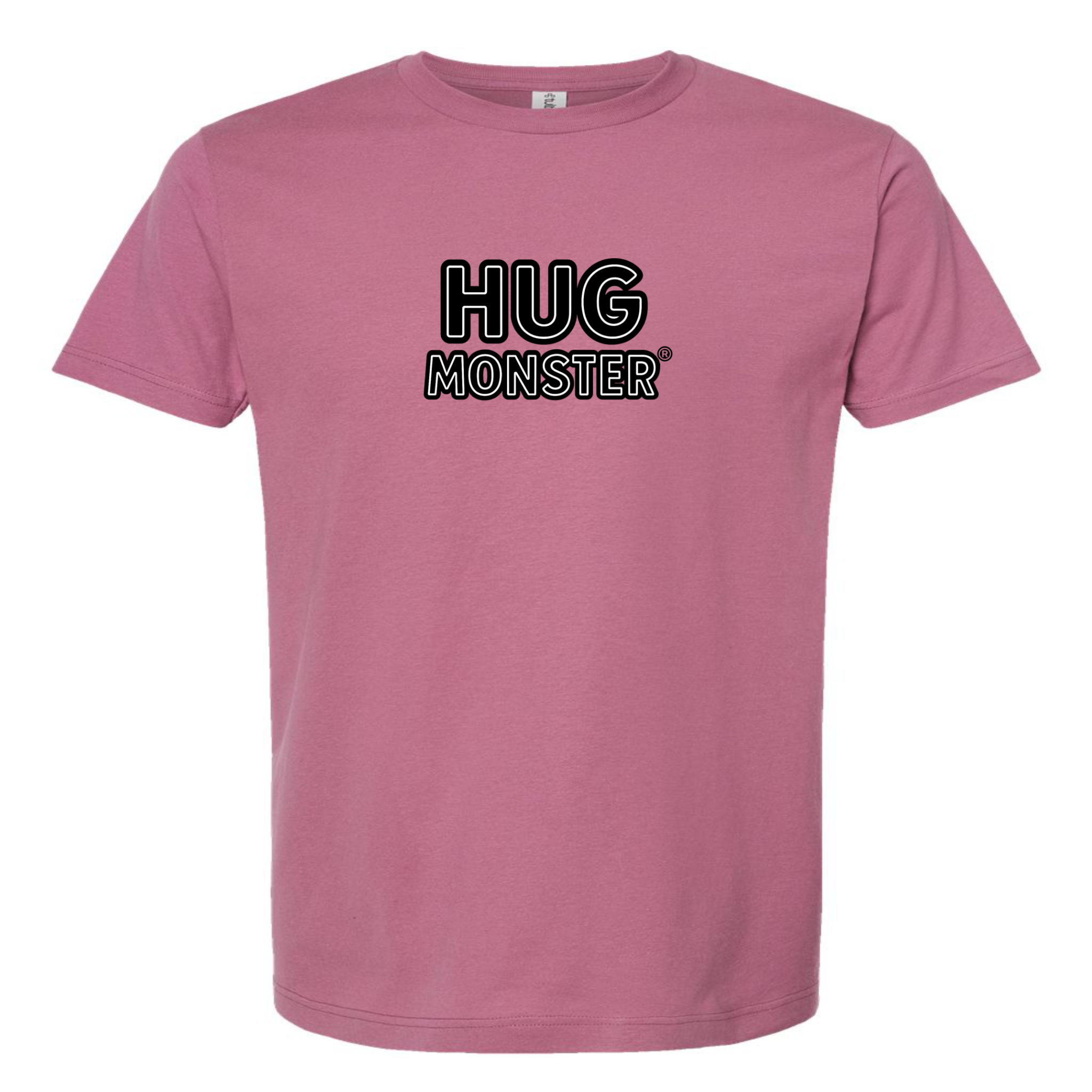 Hug Monster Classic Logo Bold Outline (Black & White Logo) T-Shirt in Soft Dusty Rose Pink – Front View