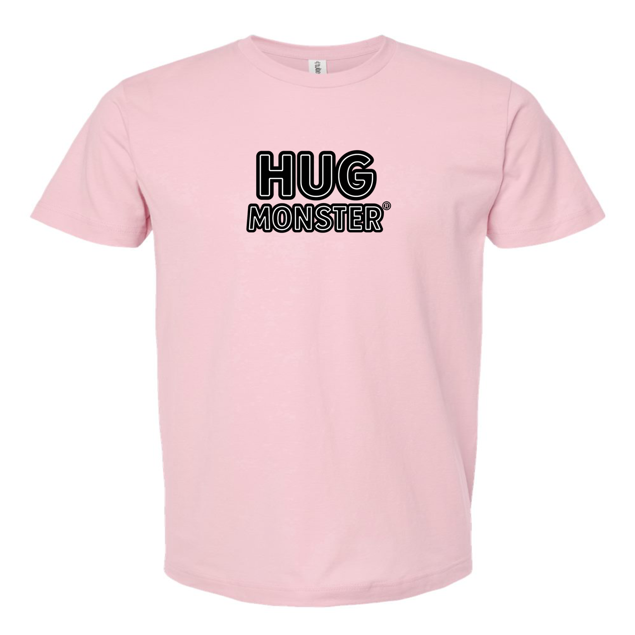 Hug Monster Classic Logo Bold Outline (Black & White Logo) T-Shirt - Positive Message Graphic Tee in Soft Pink – Front View