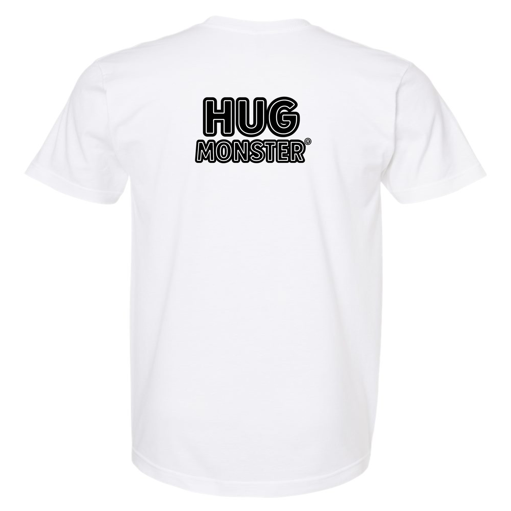 Hug Monster Classic Logo Bold Outline (Black & White Logo) T-Shirt - Positive Message Graphic Tee in White – Back View
