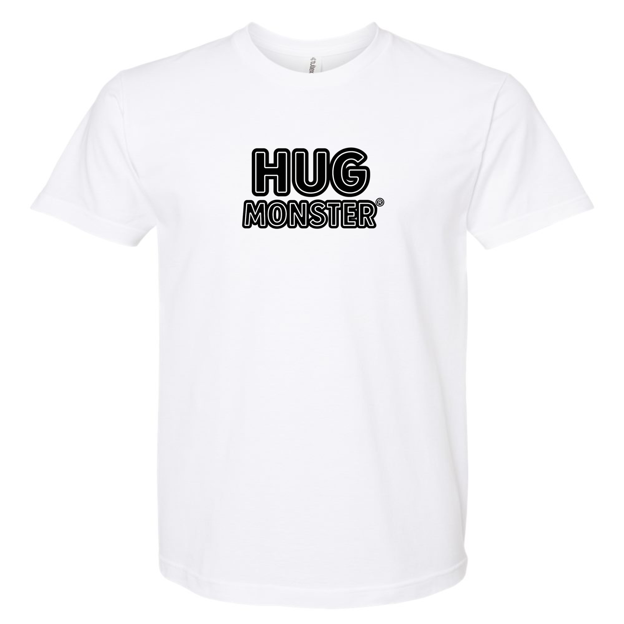 Hug Monster Classic Logo Bold Outline (Black & White Logo) T-Shirt - Positive Message Graphic Tee in White – Front View
