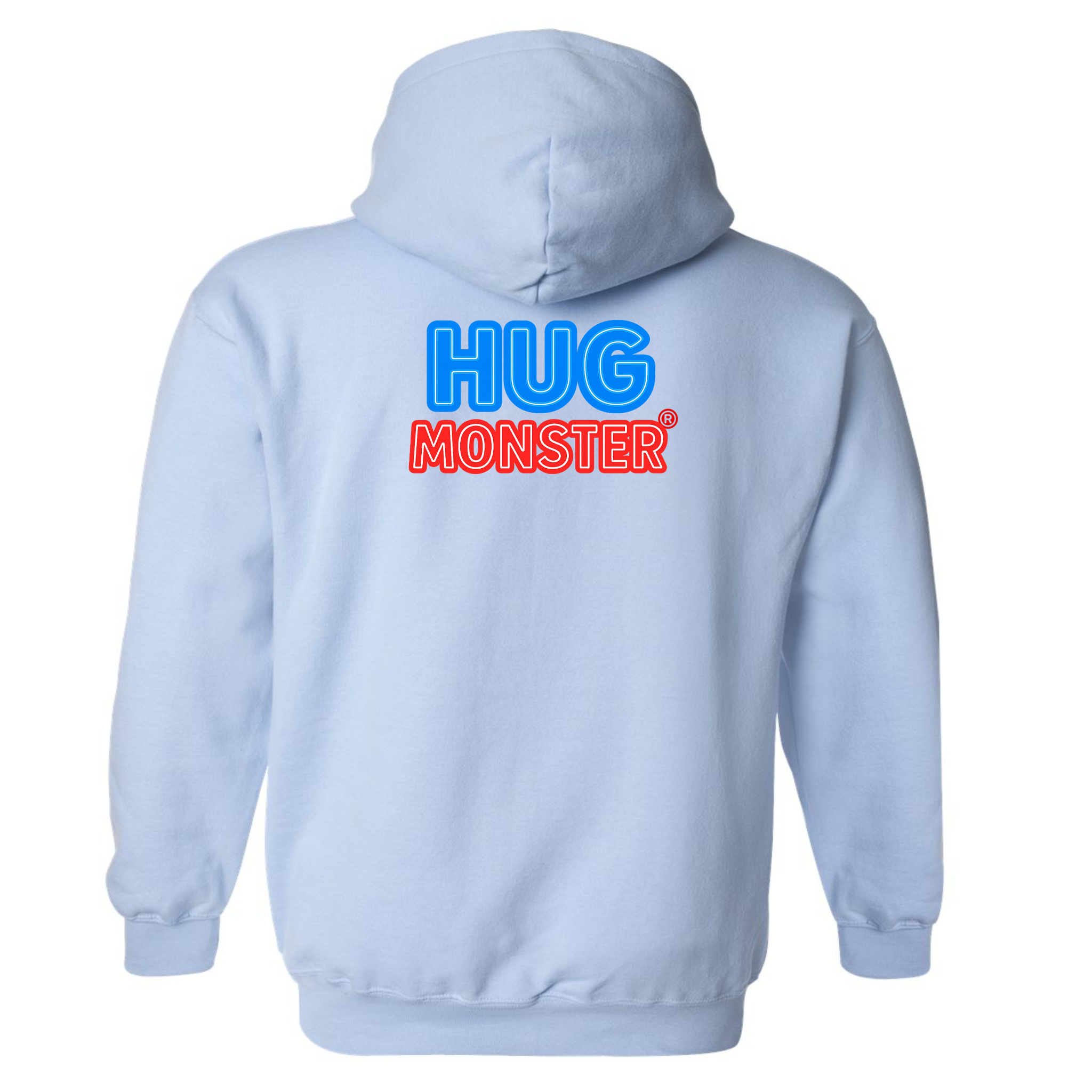 Hug Monster Classic Logo Bold Outline (Blue & Red Logo) graphic hoodie in Baby Blue cozy fleece positive message sweatshirt
