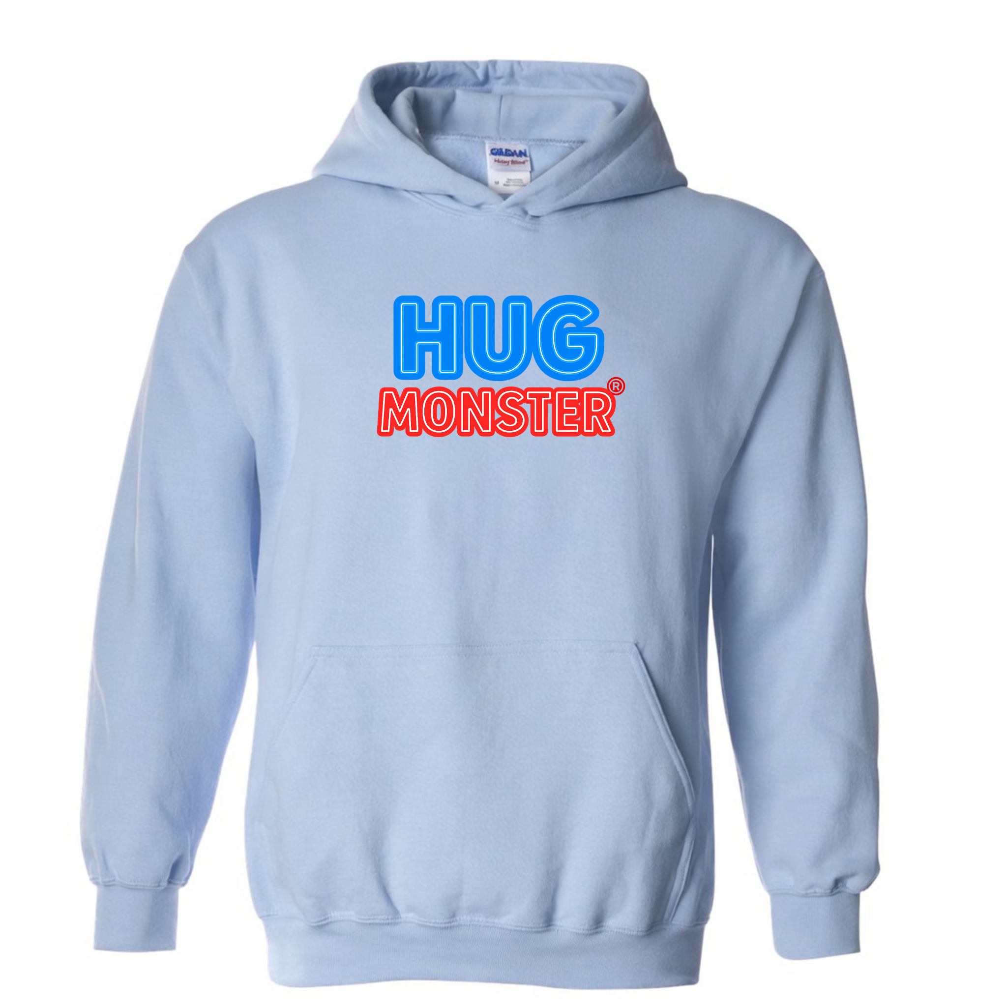 Hug Monster Classic Logo Bold Outline (Blue & Red Logo) graphic hoodie in Baby Blue cozy fleece positive message sweatshirt