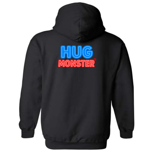 Hug Monster Classic Logo Bold Outline (Blue & Red Logo) graphic hoodie in Black cozy fleece positive message sweatshirt