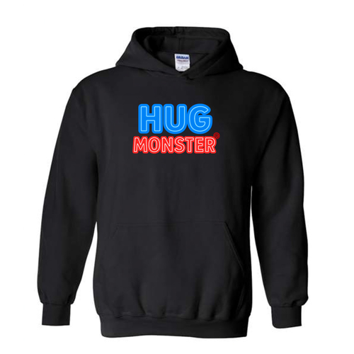Hug Monster Classic Logo Bold Outline (Blue & Red Logo) graphic hoodie in Black cozy fleece positive message sweatshirt