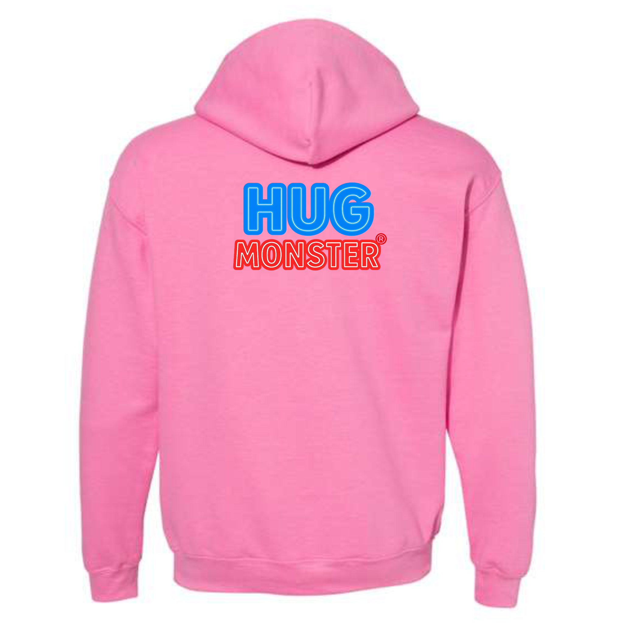 Hug Monster Classic Logo Bold Outline (Blue & Red Logo) graphic hoodie in Bright Soft Rose Pink cozy fleece positive message sweatshirt