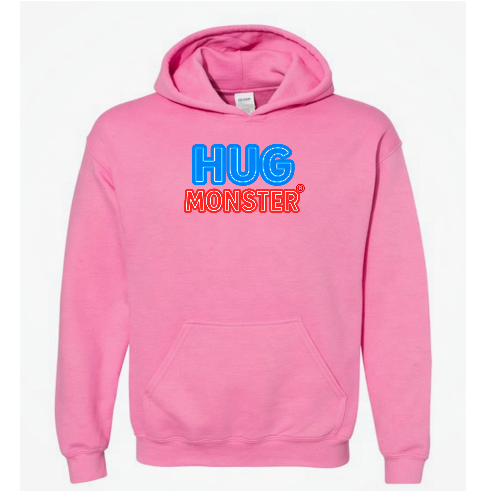 Hug Monster Classic Logo Bold Outline (Blue & Red Logo) graphic hoodie in Bright Soft Rose Pink cozy fleece positive message sweatshirt
