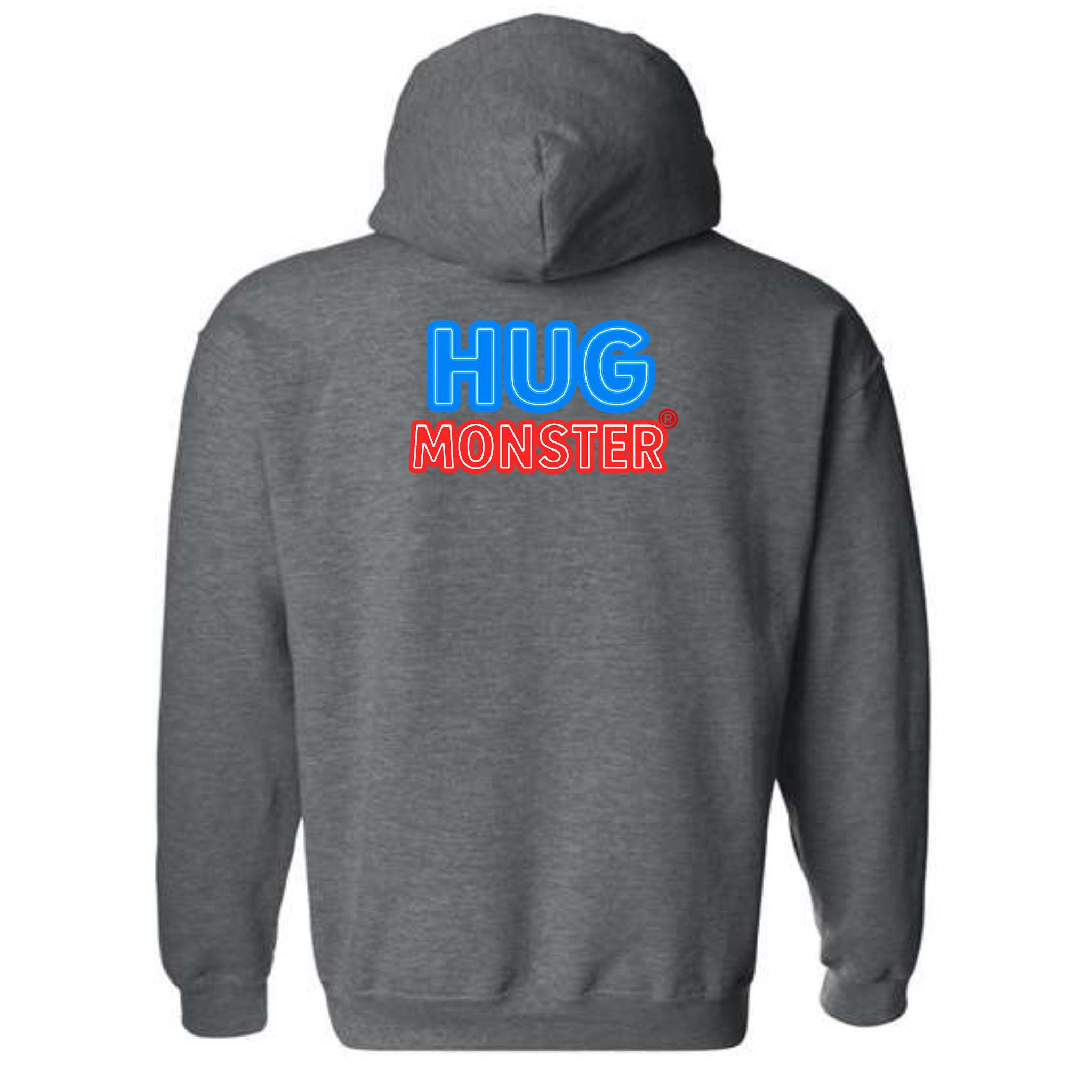 Hug Monster Classic Logo Bold Outline (Blue & Red Logo) graphic hoodie in Dark Heather Grey cozy fleece positive message sweatshirt