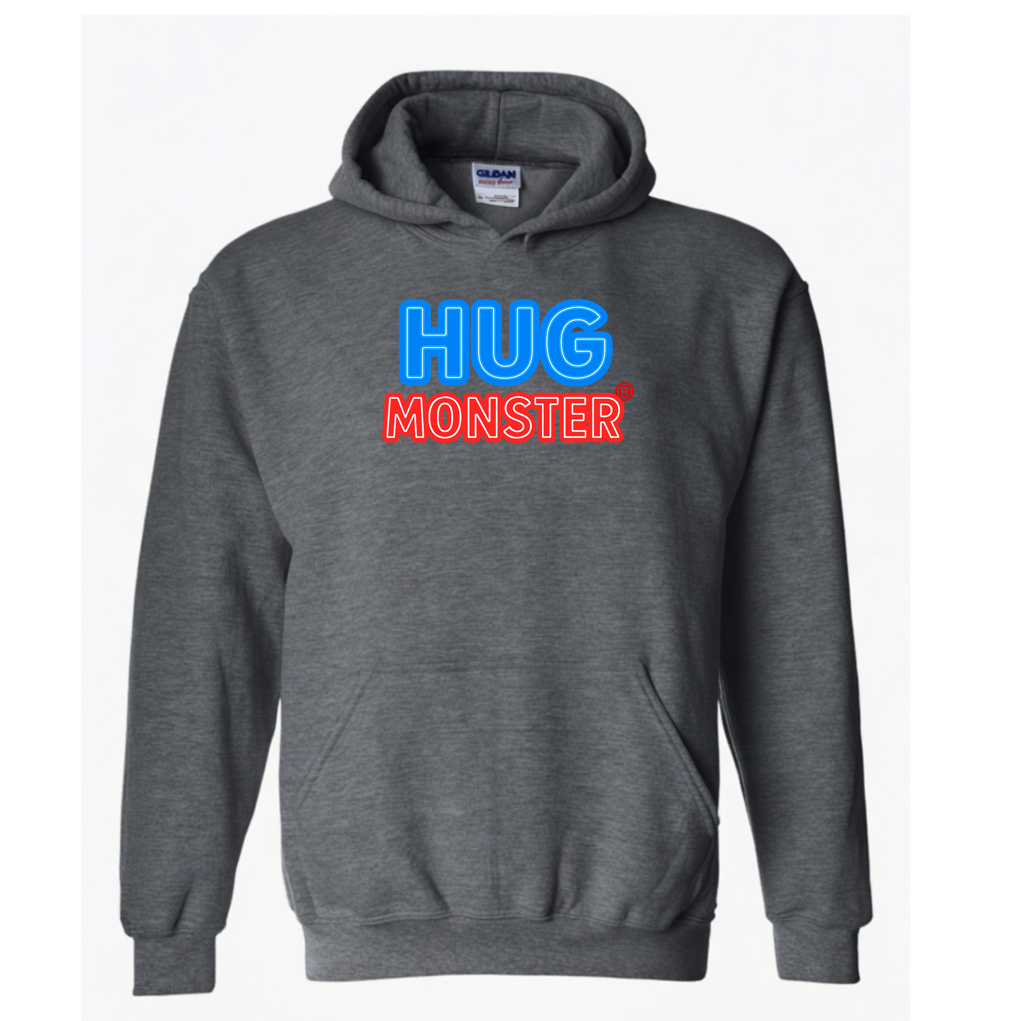 Hug Monster Classic Logo Bold Outline (Blue & Red Logo) graphic hoodie in Dark Heather Grey cozy fleece positive message sweatshirt