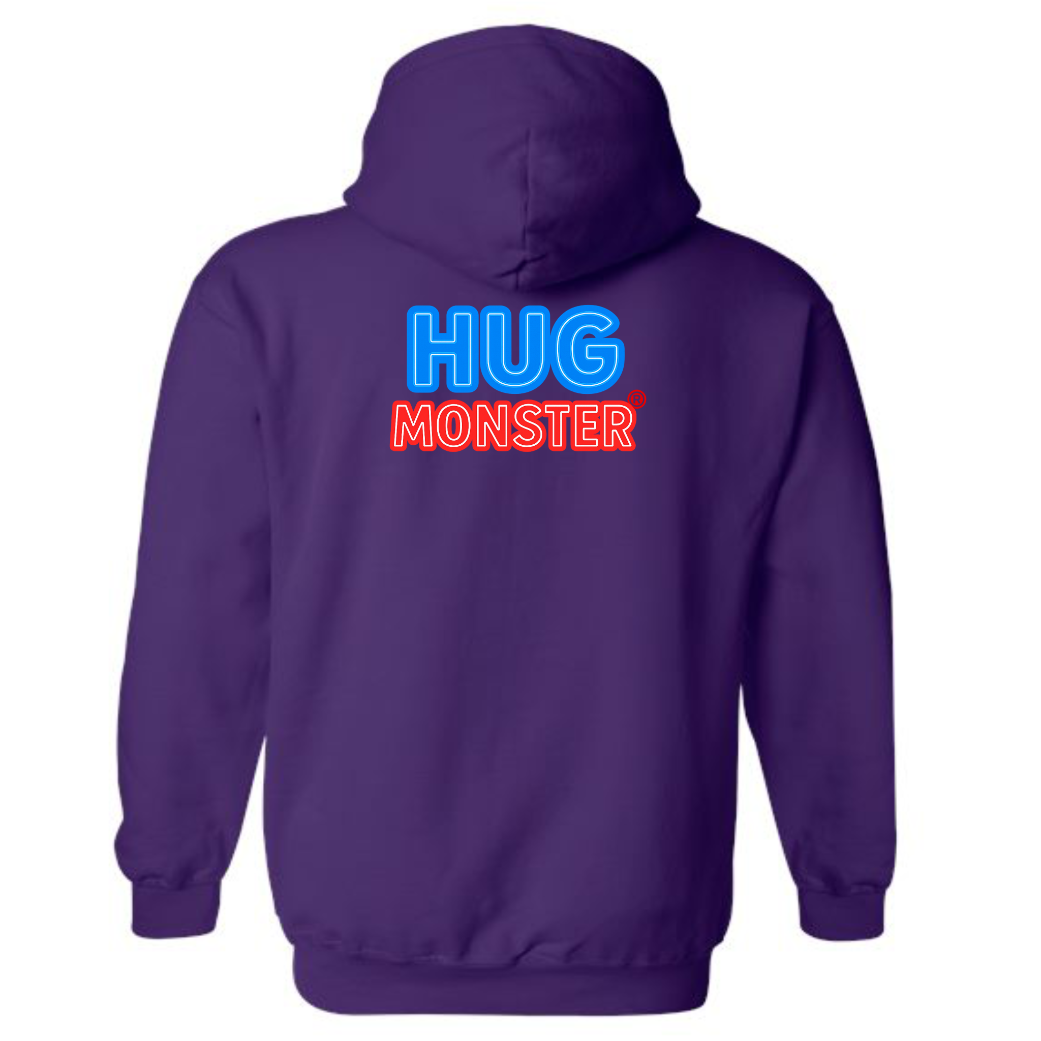 Hug Monster Classic Logo Bold Outline (Blue & Red Logo) graphic hoodie in Purple cozy fleece positive message sweatshirt