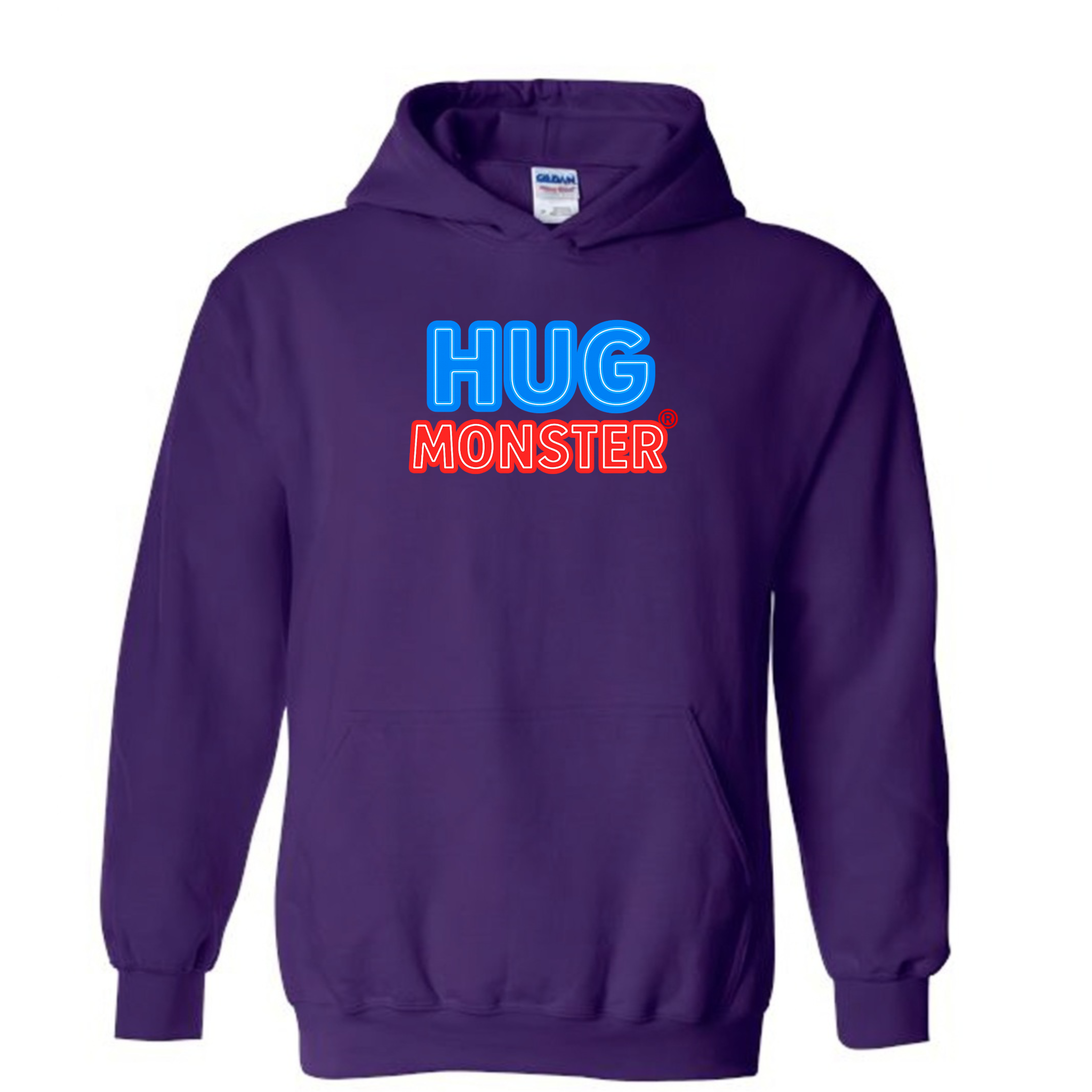Hug Monster Classic Logo Bold Outline (Blue & Red Logo) graphic hoodie in Purple cozy fleece positive message sweatshirt