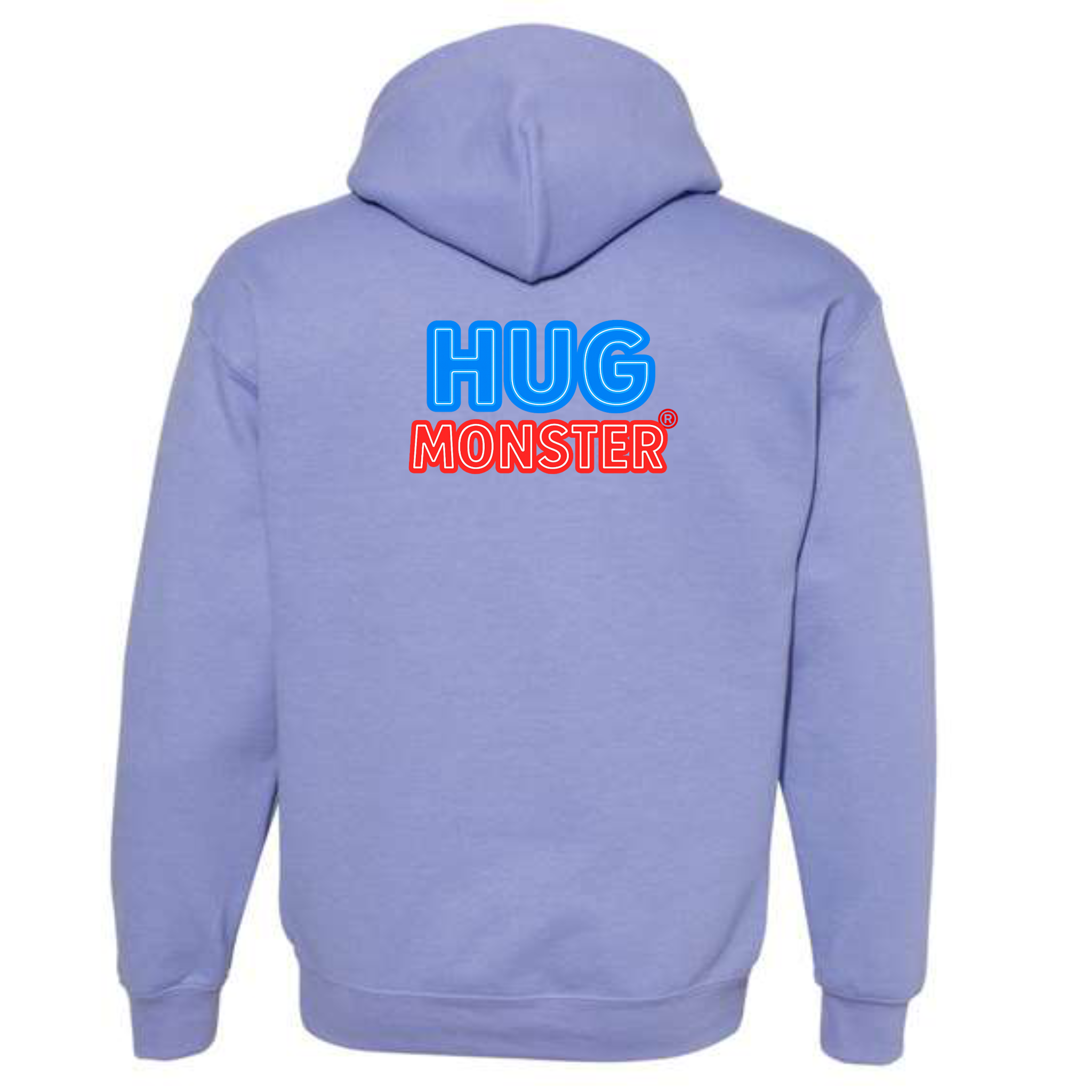Hug Monster Classic Logo Bold Outline (Blue & Red Logo) graphic hoodie in Violet cozy fleece positive message sweatshirt
