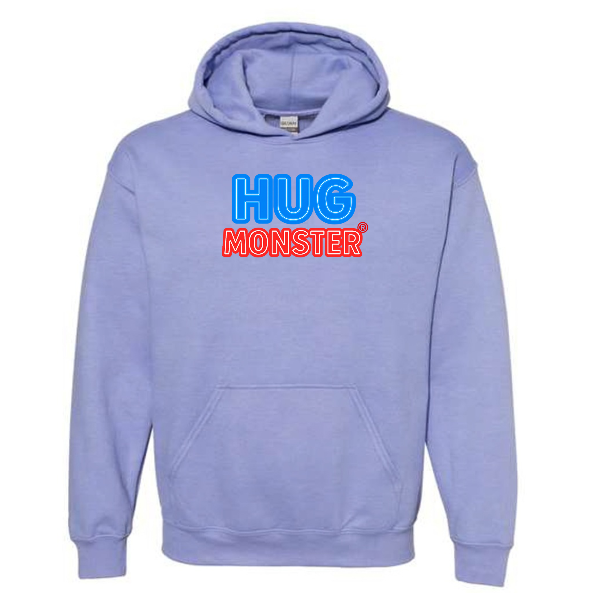 Hug Monster Classic Logo Bold Outline (Blue & Red Logo) graphic hoodie in Violet cozy fleece positive message sweatshirt