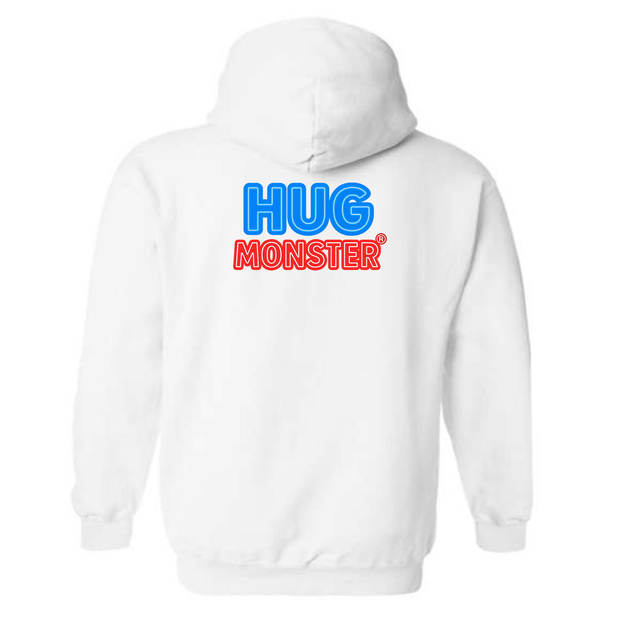 Hug Monster Classic Logo Bold Outline (Blue & Red Logo) graphic hoodie in White cozy fleece positive message sweatshirt