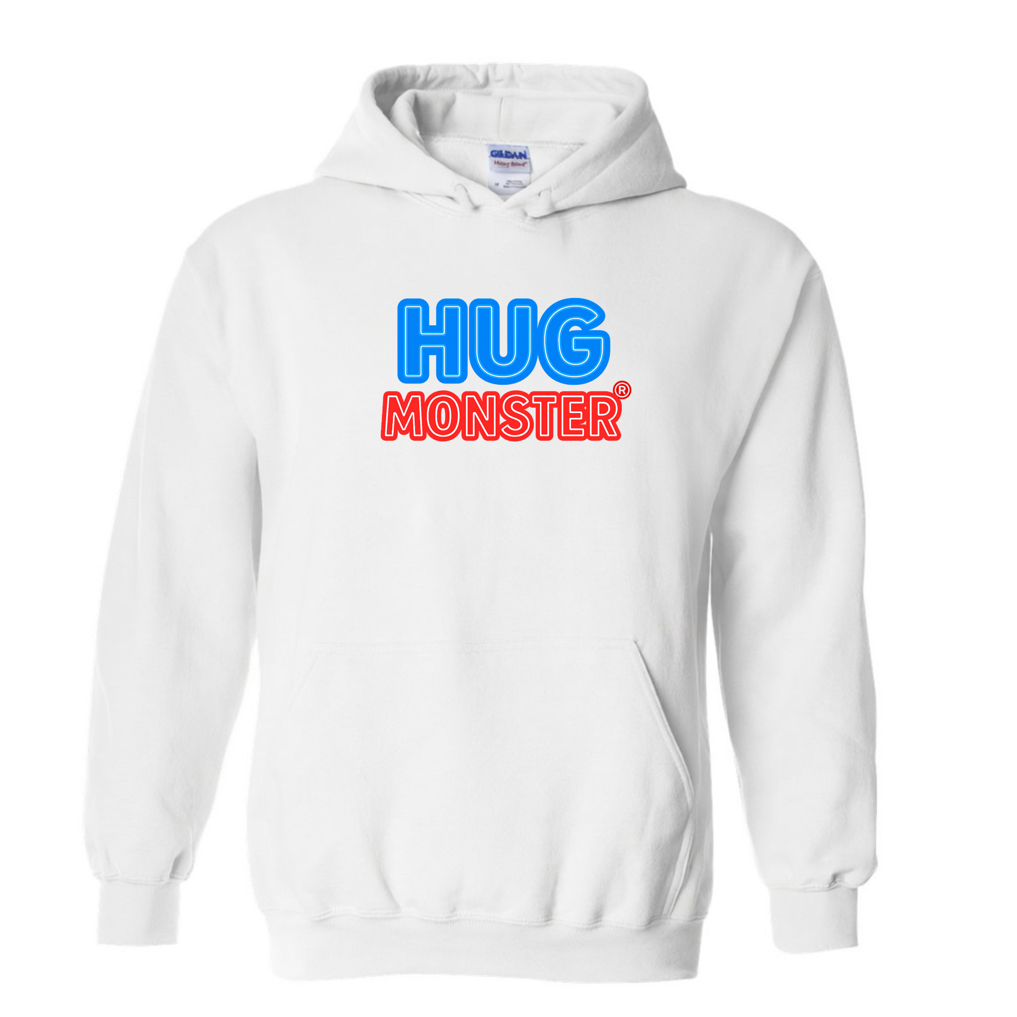 Hug Monster Classic Logo Bold Outline (Blue & Red Logo) graphic hoodie in White cozy fleece positive message sweatshirt