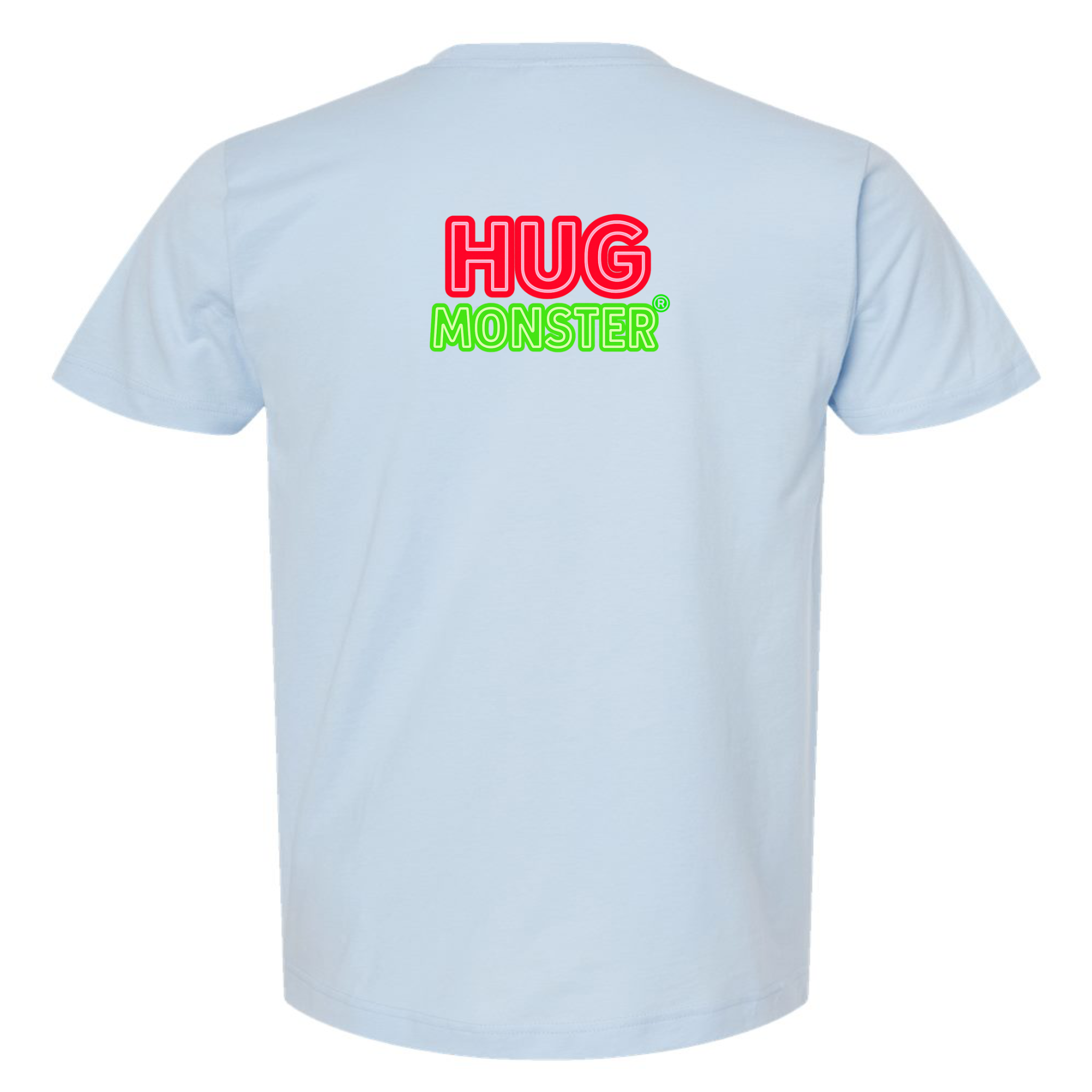 Hug Monster Classic Logo Bold Outline (Red & Green Logo) T-Shirt - Positive Message Graphic Tee in Baby Blue – Back View