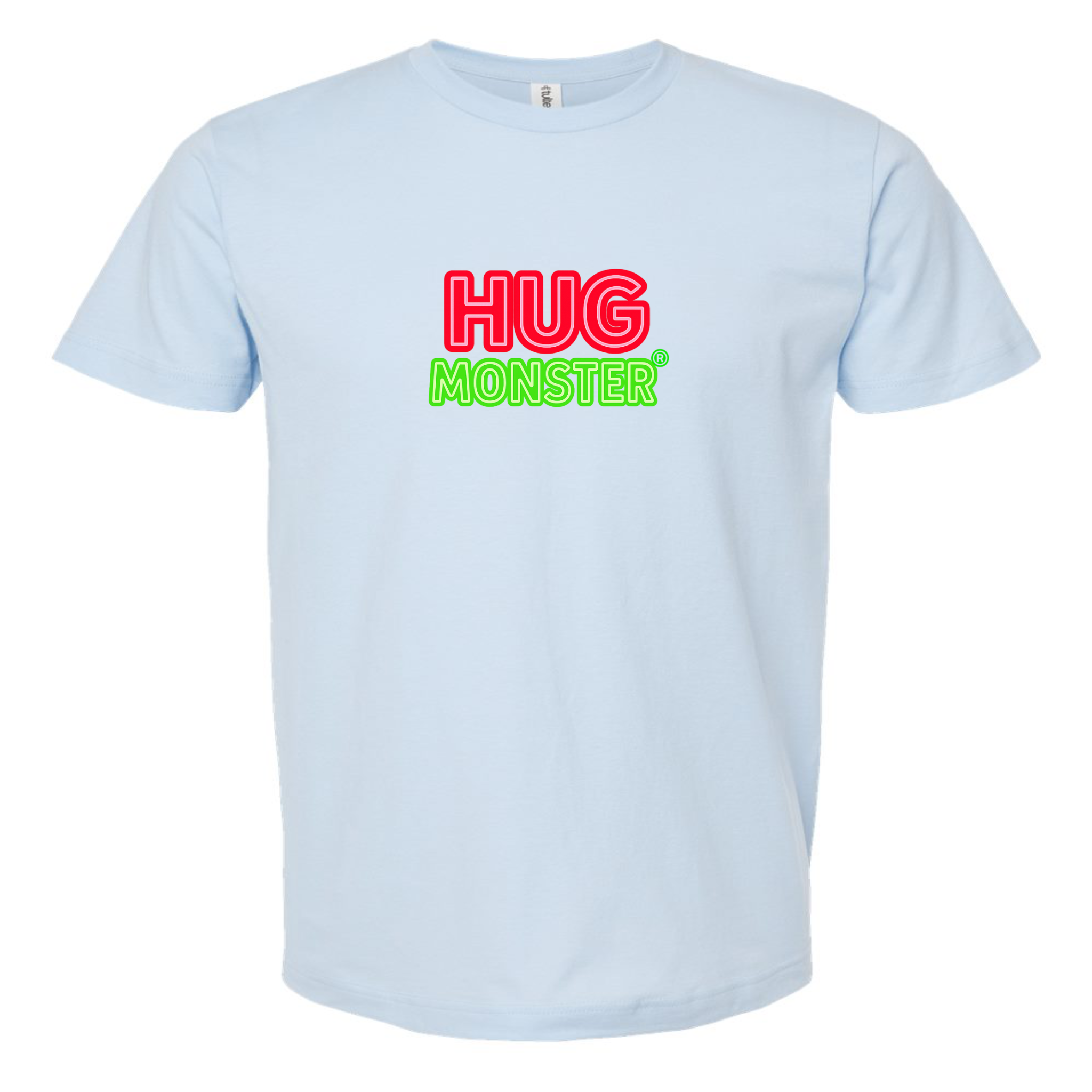 Hug Monster Classic Logo Bold Outline (Red & Green Logo) T-Shirt - Positive Message Graphic Tee in Baby Blue – Front View