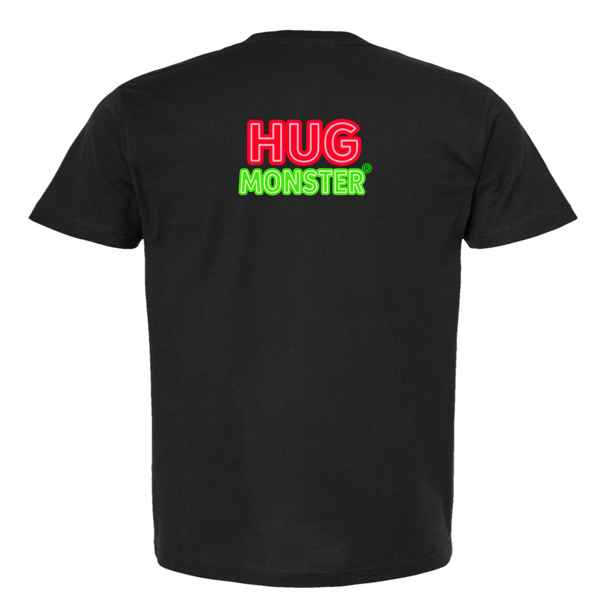 Hug Monster Classic Logo Bold Outline (Red & Green Logo) T-Shirt - Positive Message Graphic Tee in Black – Back View