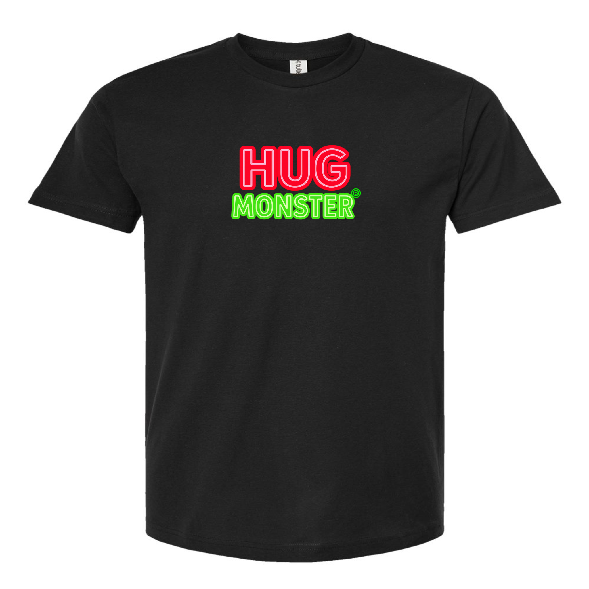 Hug Monster Classic Logo Bold Outline (Red & Green Logo) T-Shirt - Positive Message Graphic Tee in Black – Front View