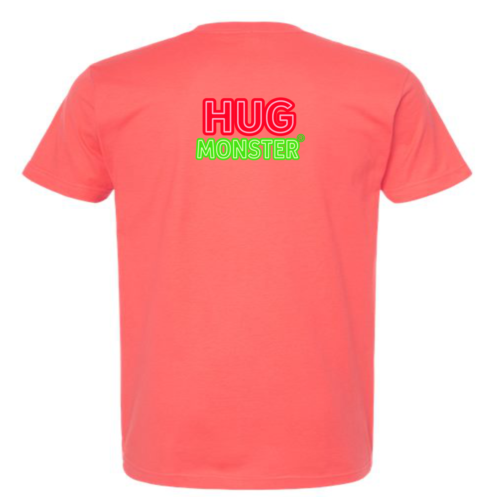 Hug Monster Classic Logo Bold Outline (Red & Green Logo) T-Shirt - Positive Message Graphic Tee in Bright Coral – Back View