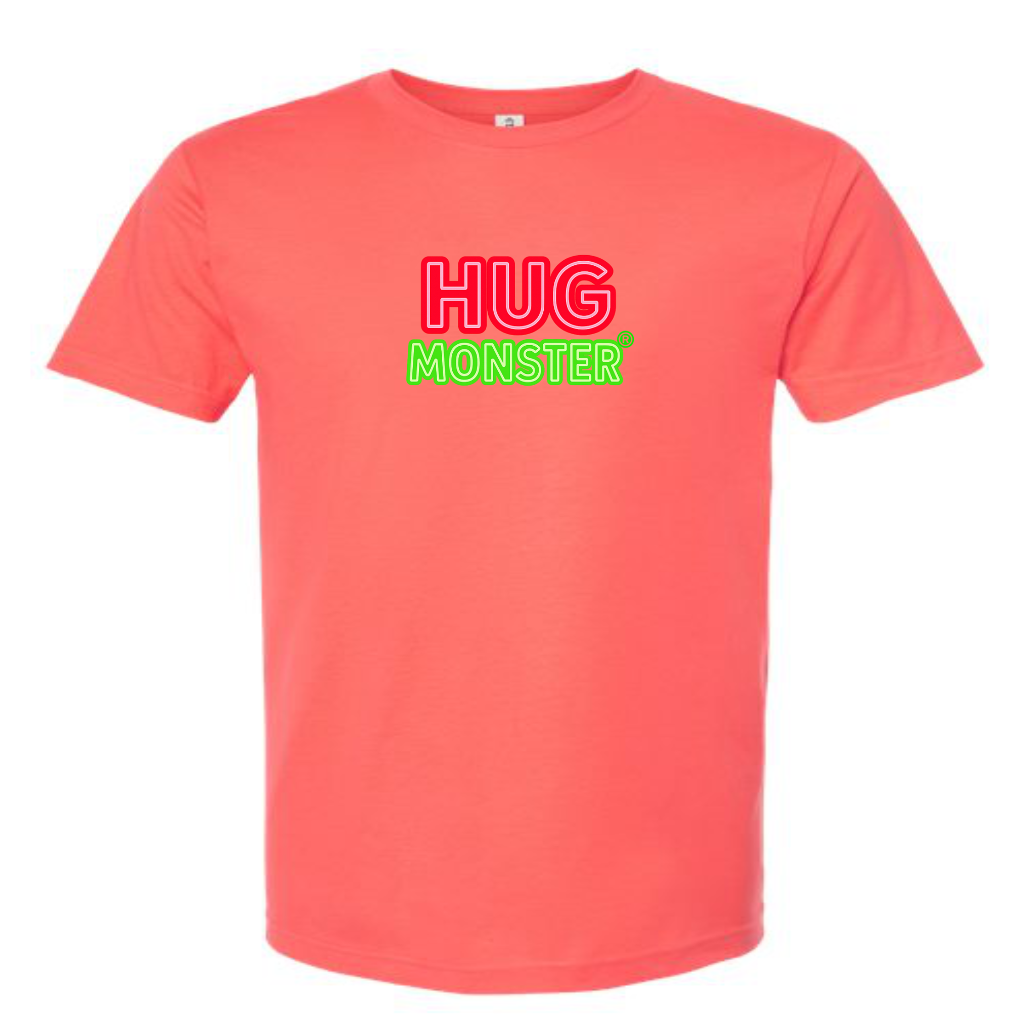 Hug Monster Classic Logo Bold Outline (Red & Green Logo) T-Shirt - Positive Message Graphic Tee in Bright Coral – Front View