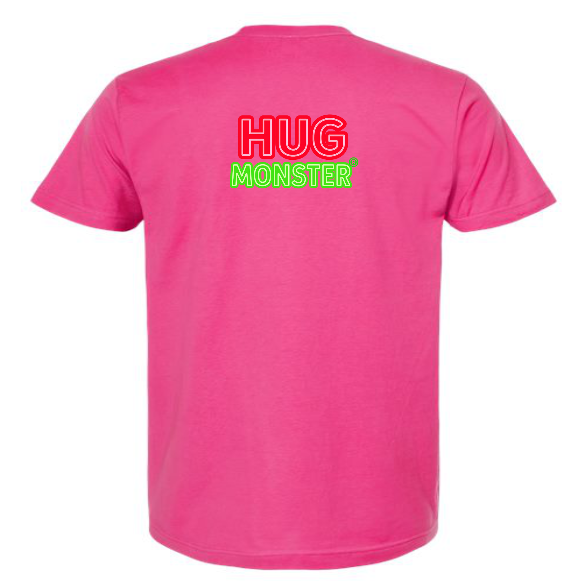 Hug Monster Classic Logo Bold Outline (Red & Green Logo) T-Shirt - Positive Message Graphic Tee in Bright Fuscia – Back View