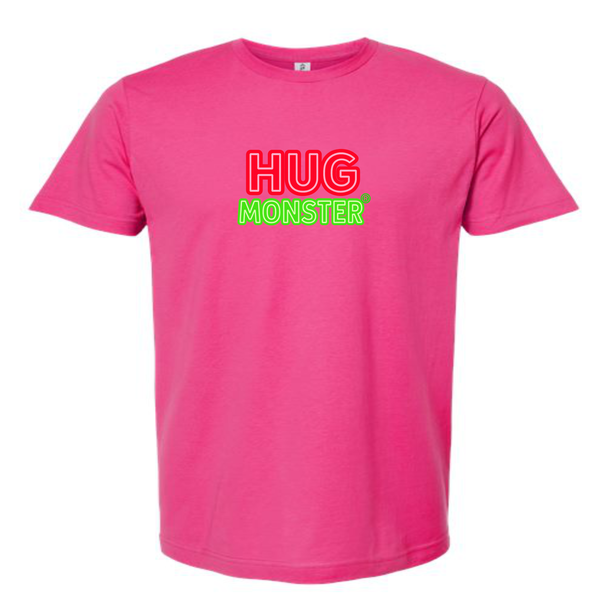Hug Monster Classic Logo Bold Outline (Red & Green Logo) T-Shirt - Positive Message Graphic Tee in Bright Fuscia – Front View