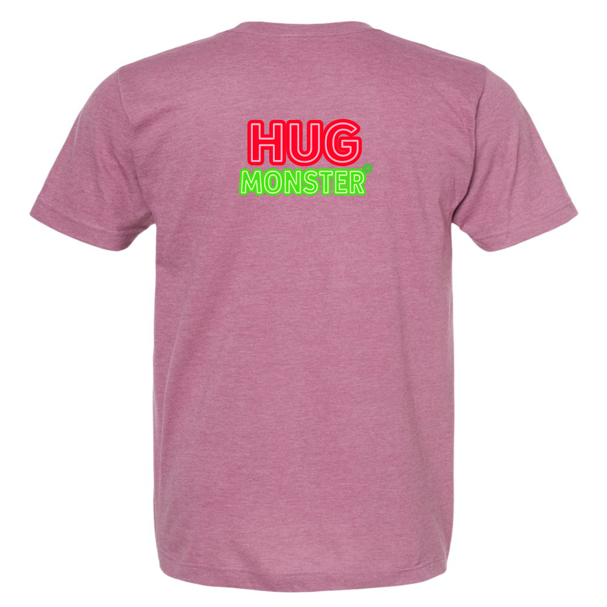 Hug Monster Classic Logo Bold Outline (Red & Green Logo) T-Shirt in Heather Dusty Rose Pink – Back View