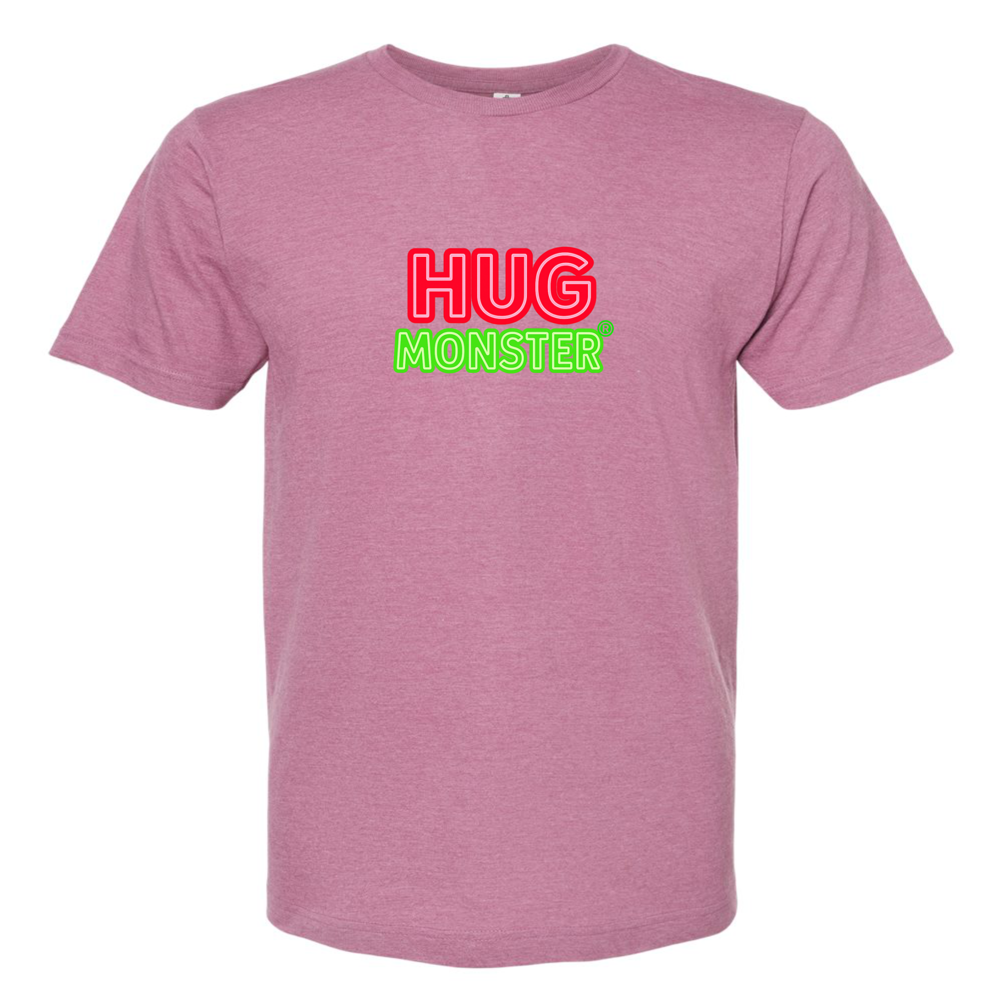 Hug Monster Classic Logo Bold Outline (Red & Green Logo) T-Shirt in Heather Dusty Rose Pink – Front View