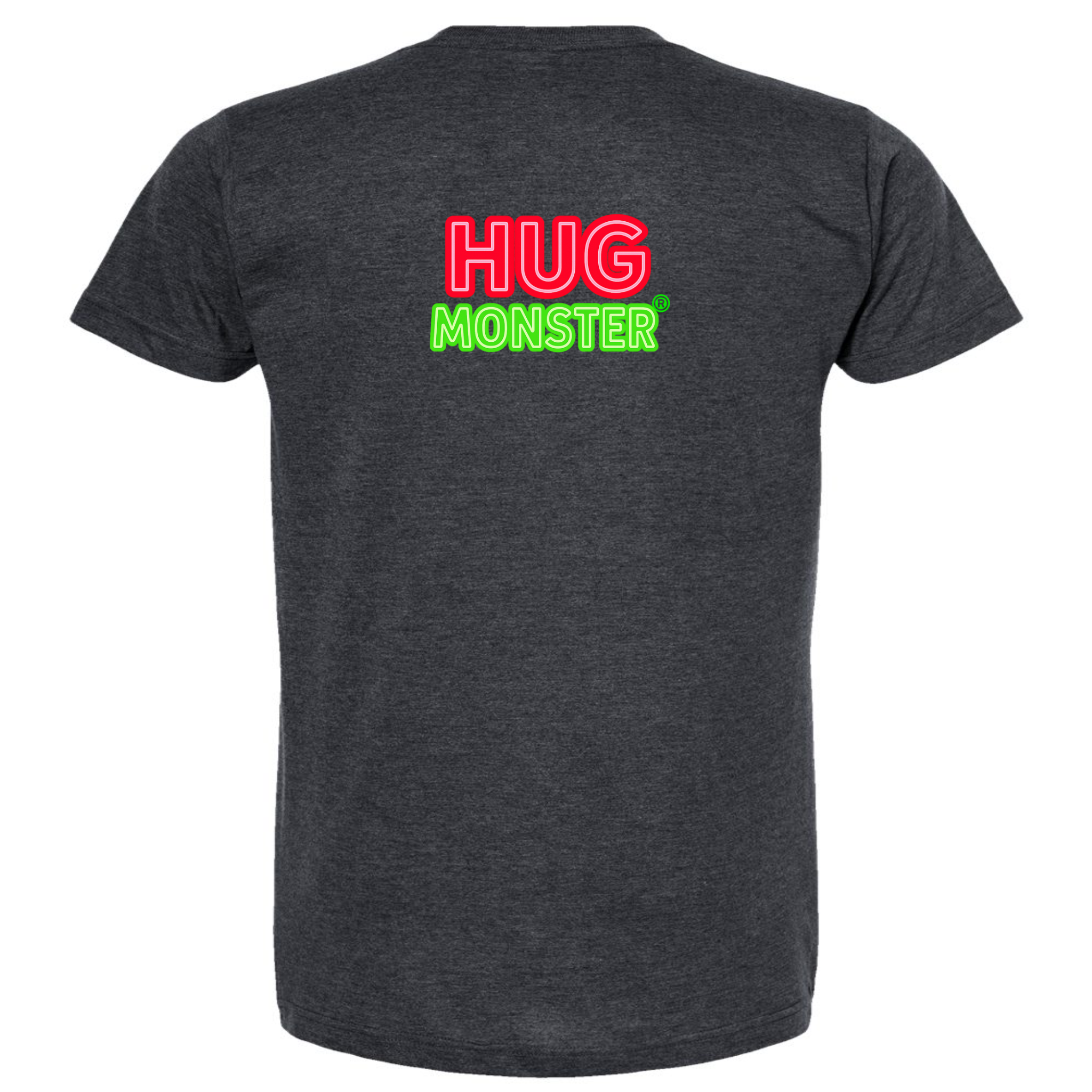 Hug Monster Classic Logo Bold Outline (Red & Green Logo) T-Shirt in Heather Graphite – Back View