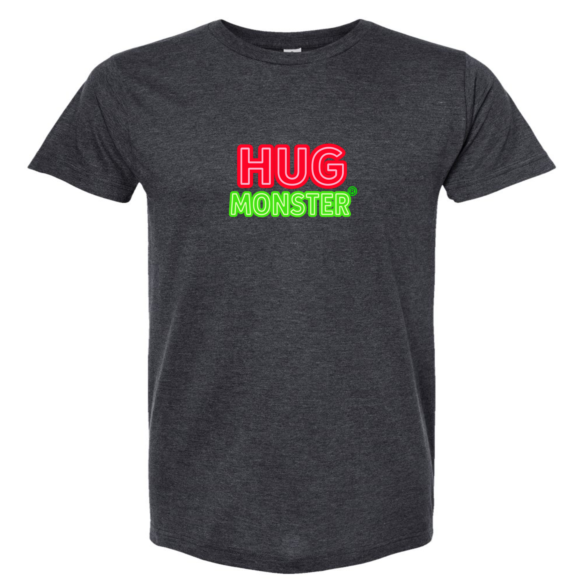 Hug Monster Classic Logo Bold Outline (Red & Green Logo) T-Shirt in Heather Graphite – Front View