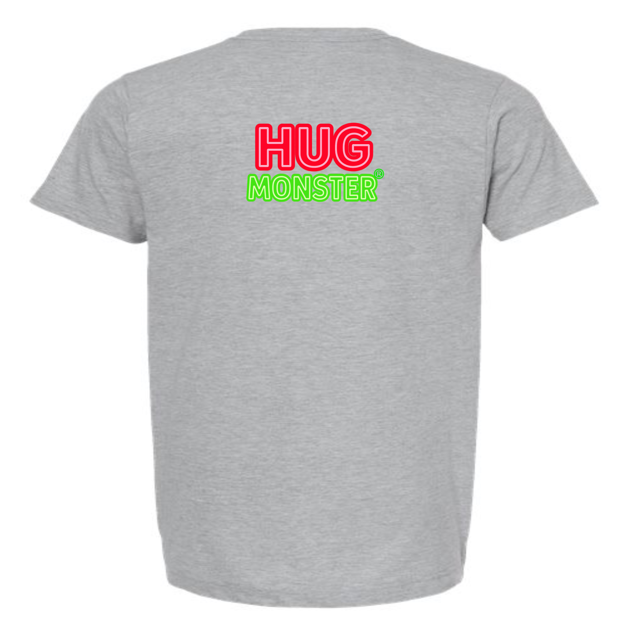Hug Monster Classic Logo Bold Outline (Red & Green Logo) T-Shirt - Positive Message Graphic Tee in Heather Grey – Back View