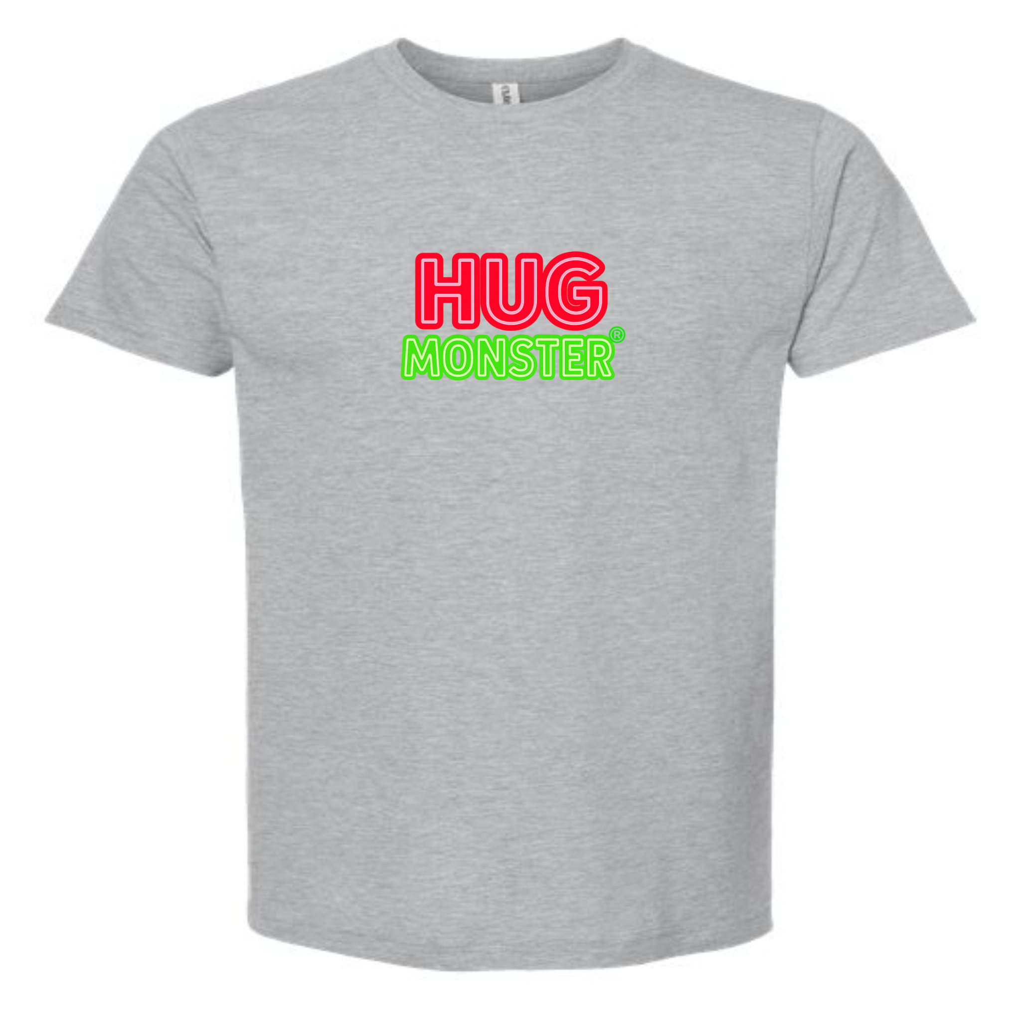 Hug Monster Classic Logo Bold Outline (Red & Green Logo) T-Shirt - Positive Message Graphic Tee in Heather Grey – Front View
