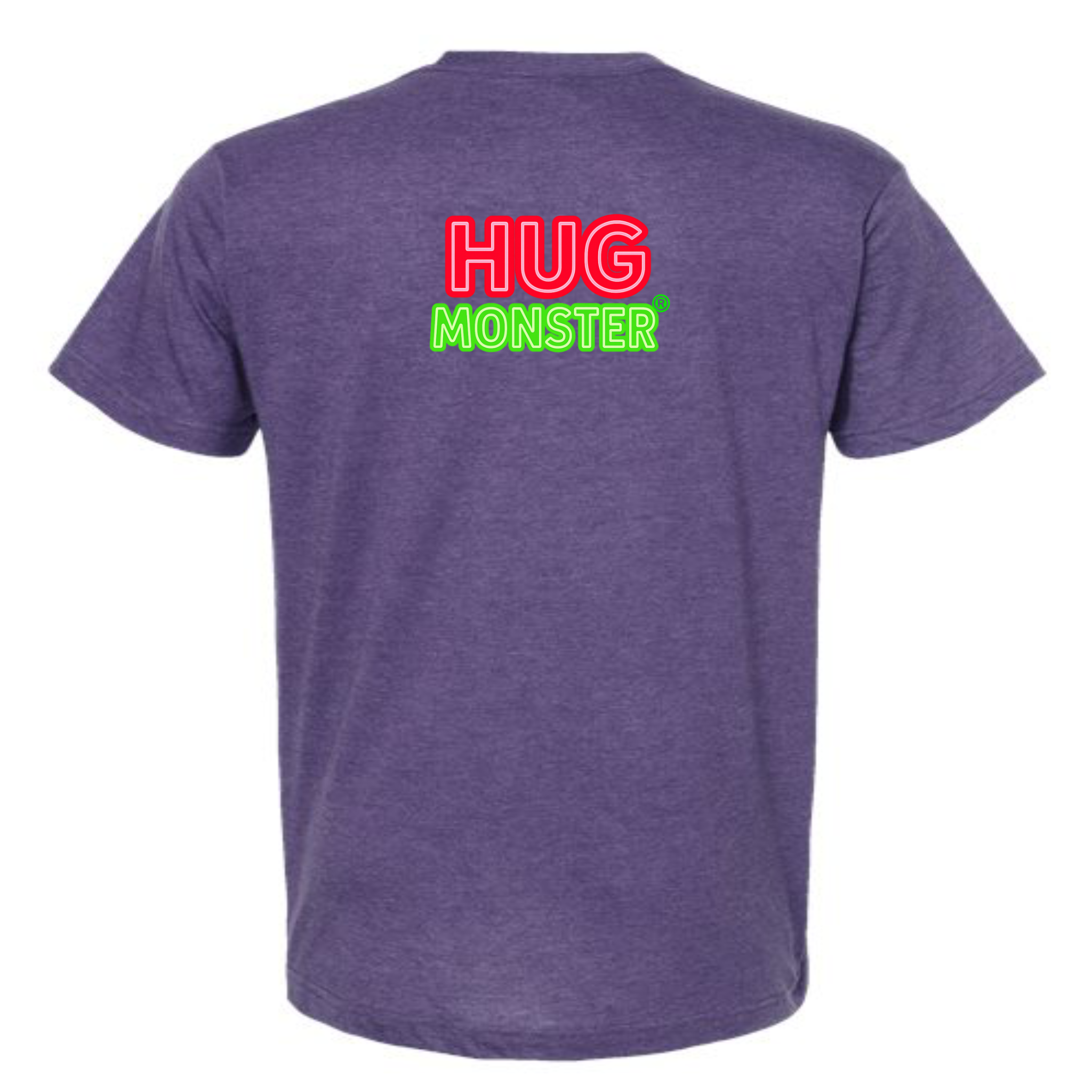 Hug Monster Classic Logo Bold Outline (Red & Green Logo) T-Shirt - Positive Message Graphic Tee in Heather Purple – Back View