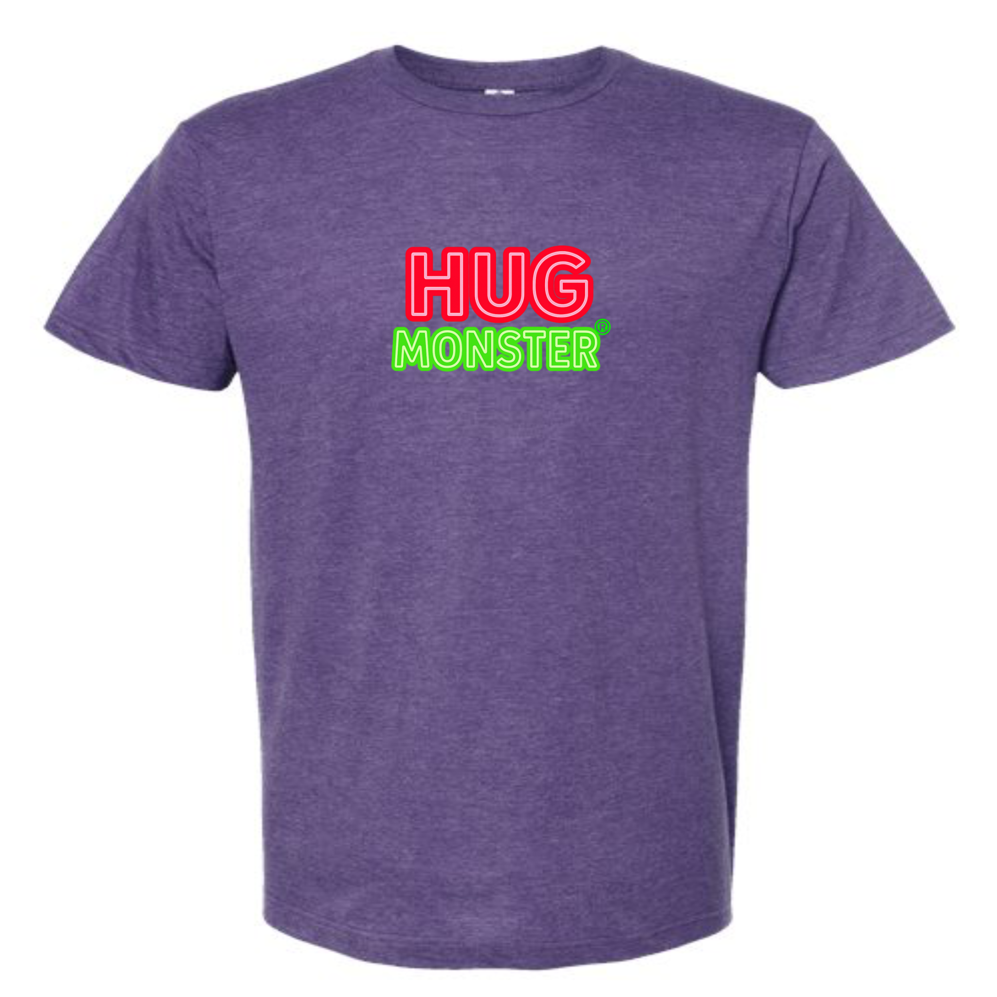 Hug Monster Classic Logo Bold Outline (Red & Green Logo) T-Shirt in Heather Purple – Front View