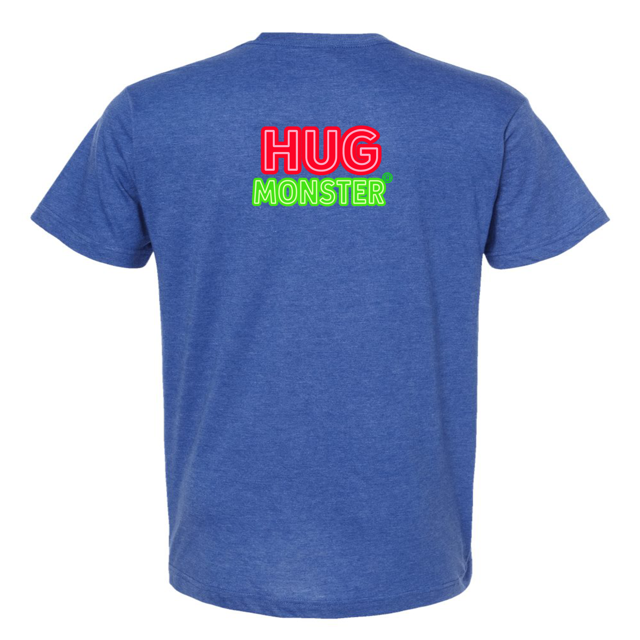 Hug Monster Classic Logo Bold Outline (Red & Green Logo) T-Shirt in Heather Royal Blue – Back View