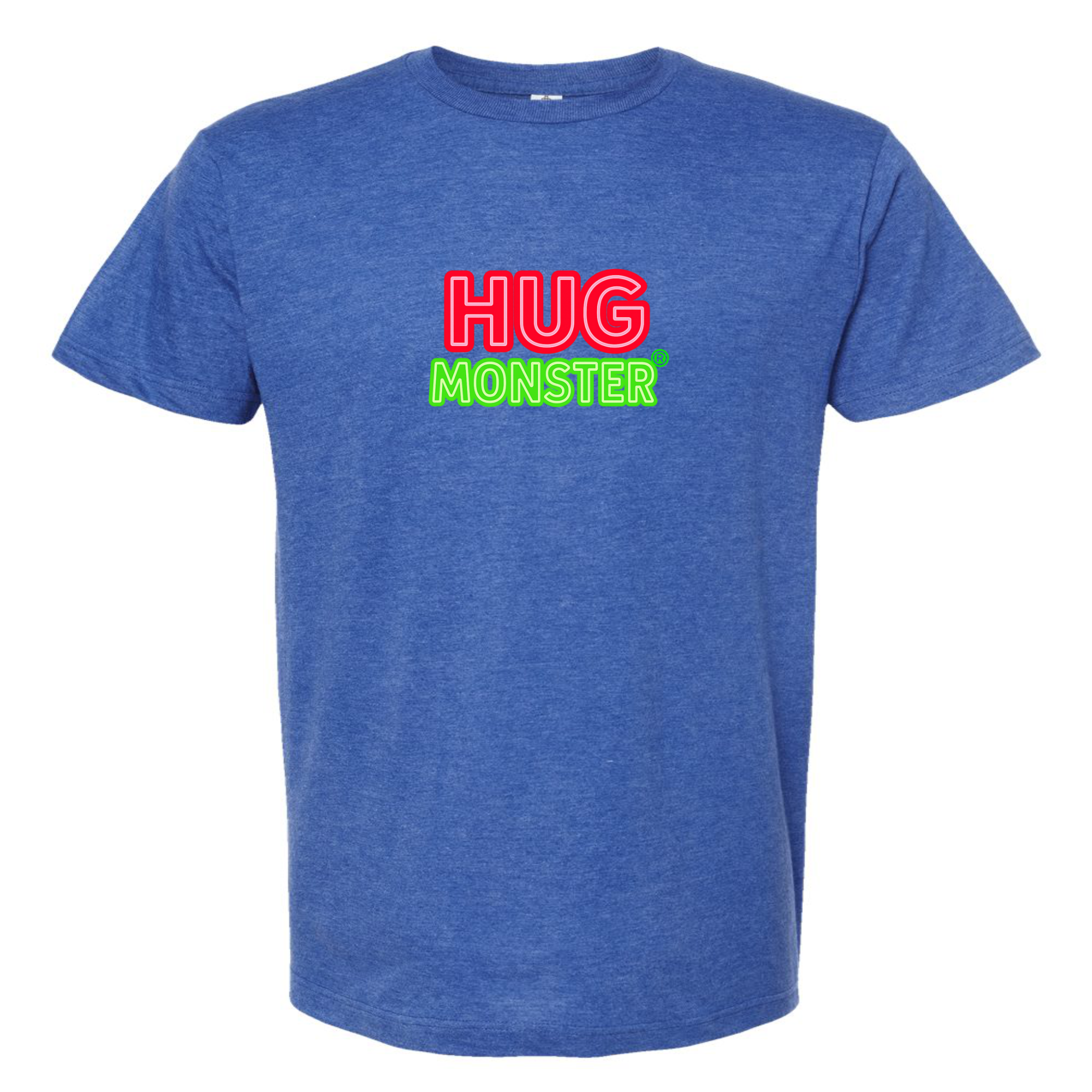 Hug Monster Classic Logo Bold Outline (Red & Green Logo) T-Shirt in Heather Royal Blue – Front View