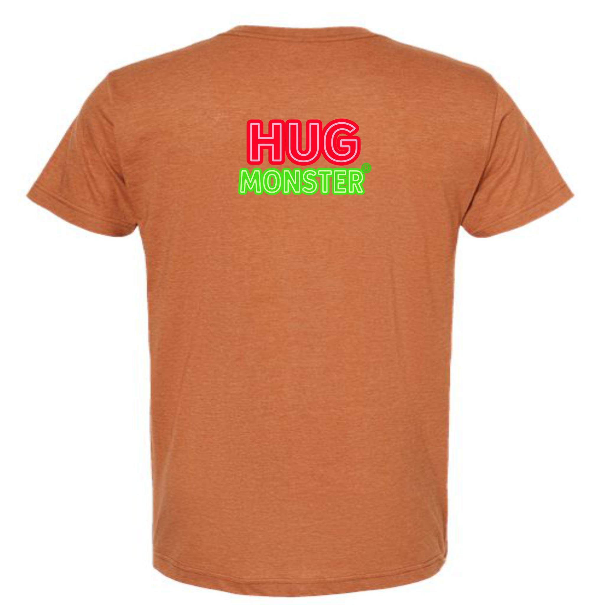 Hug Monster Classic Logo Bold Outline (Red & Green Logo) T-Shirt - Positive Message Graphic Tee in Heather Rust – Back View
