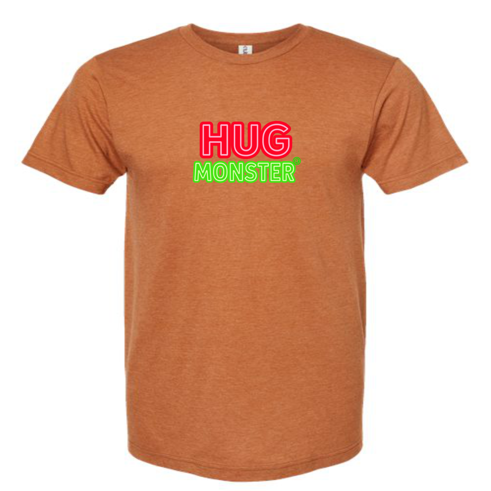 Hug Monster Classic Logo Bold Outline (Red & Green Logo) T-Shirt - Positive Message Graphic Tee in Heather Rust – Front View