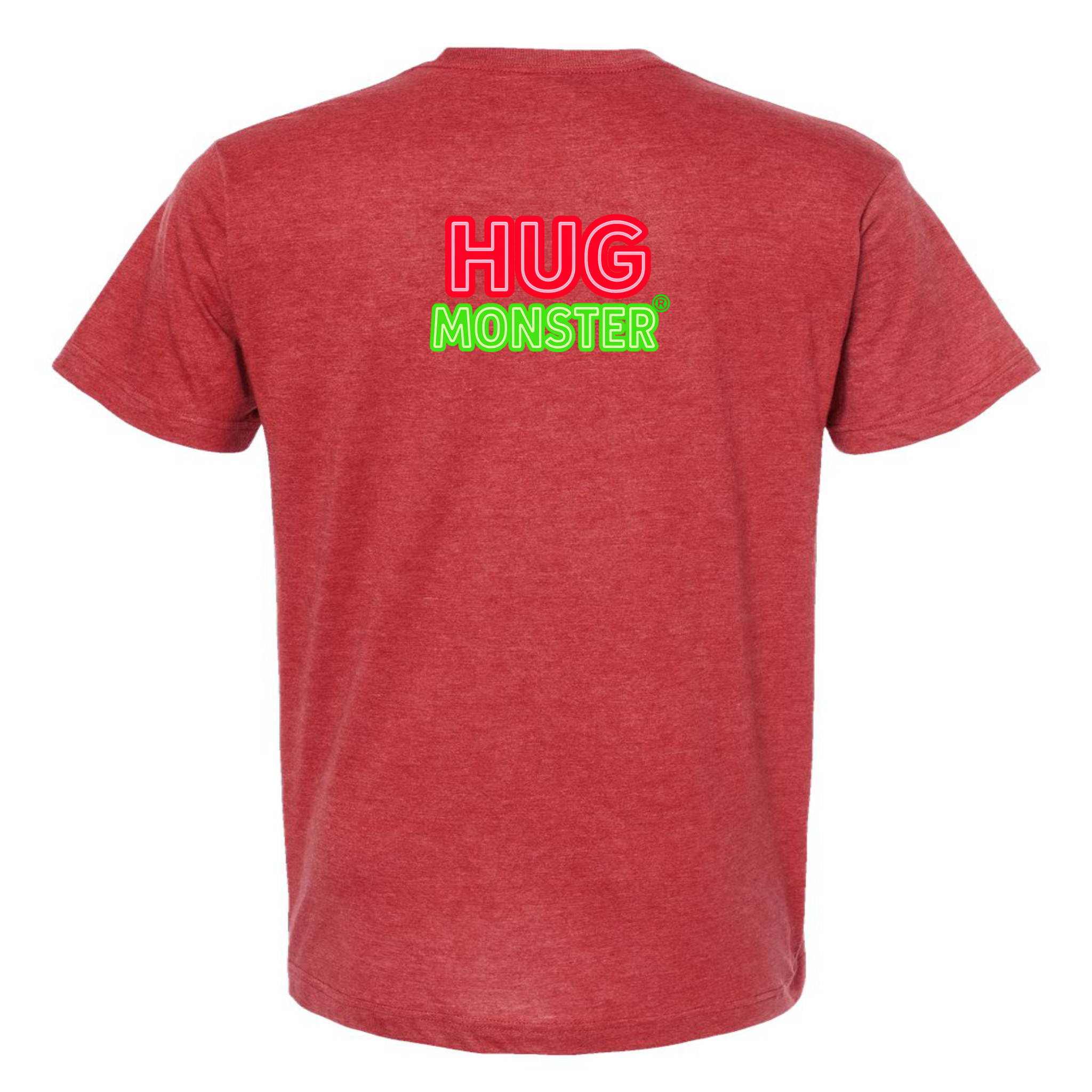 Hug Monster Classic Logo Bold Outline (Red & Green Logo) T-Shirt in Heather Scarlet Red – Back View