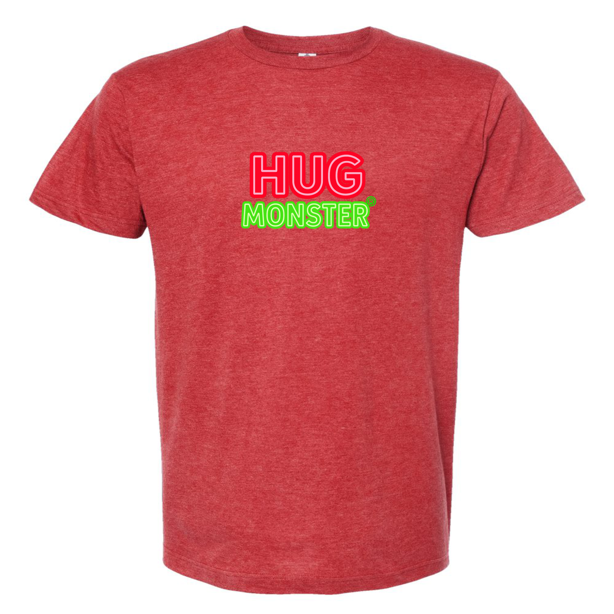Hug Monster Classic Logo Bold Outline (Red & Green Logo) T-Shirt in Heather Scarlet Red – Front View