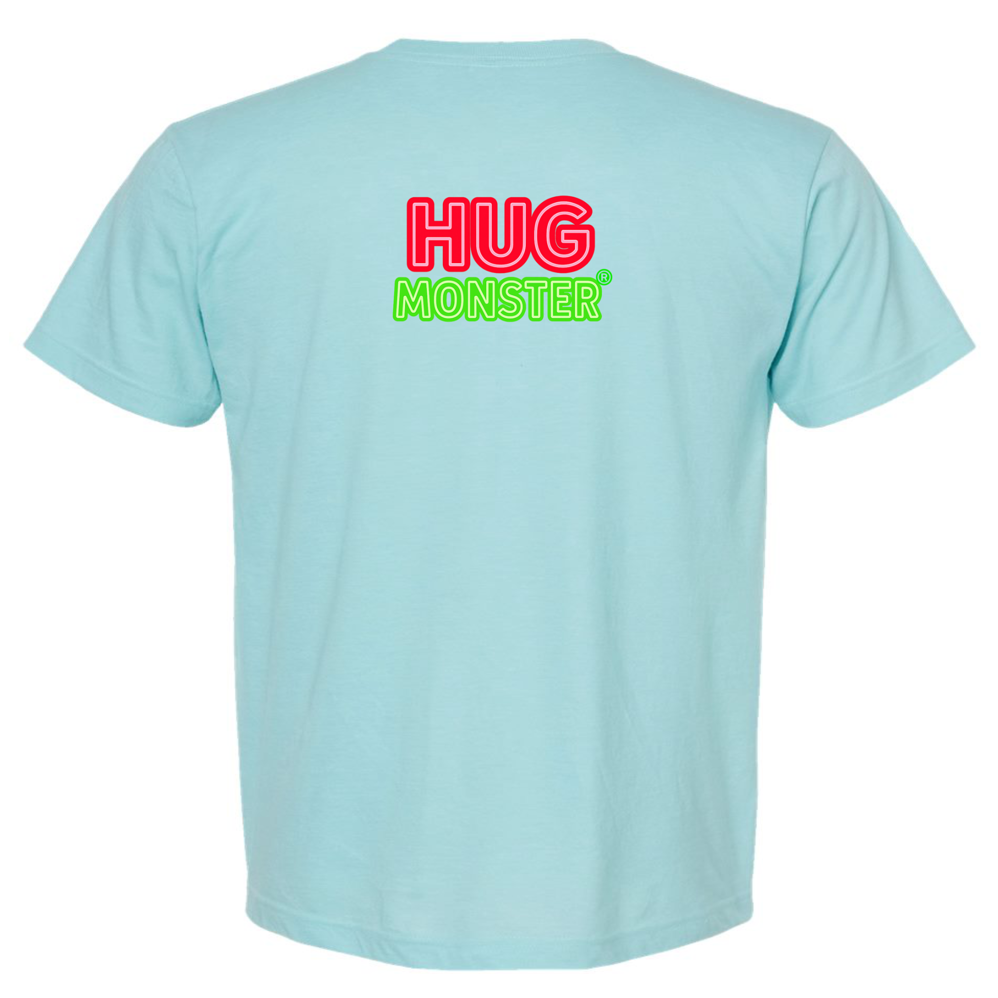 Hug Monster Classic Logo Bold Outline (Red & Green Logo) T-Shirt in Heather Turquoise – Back View