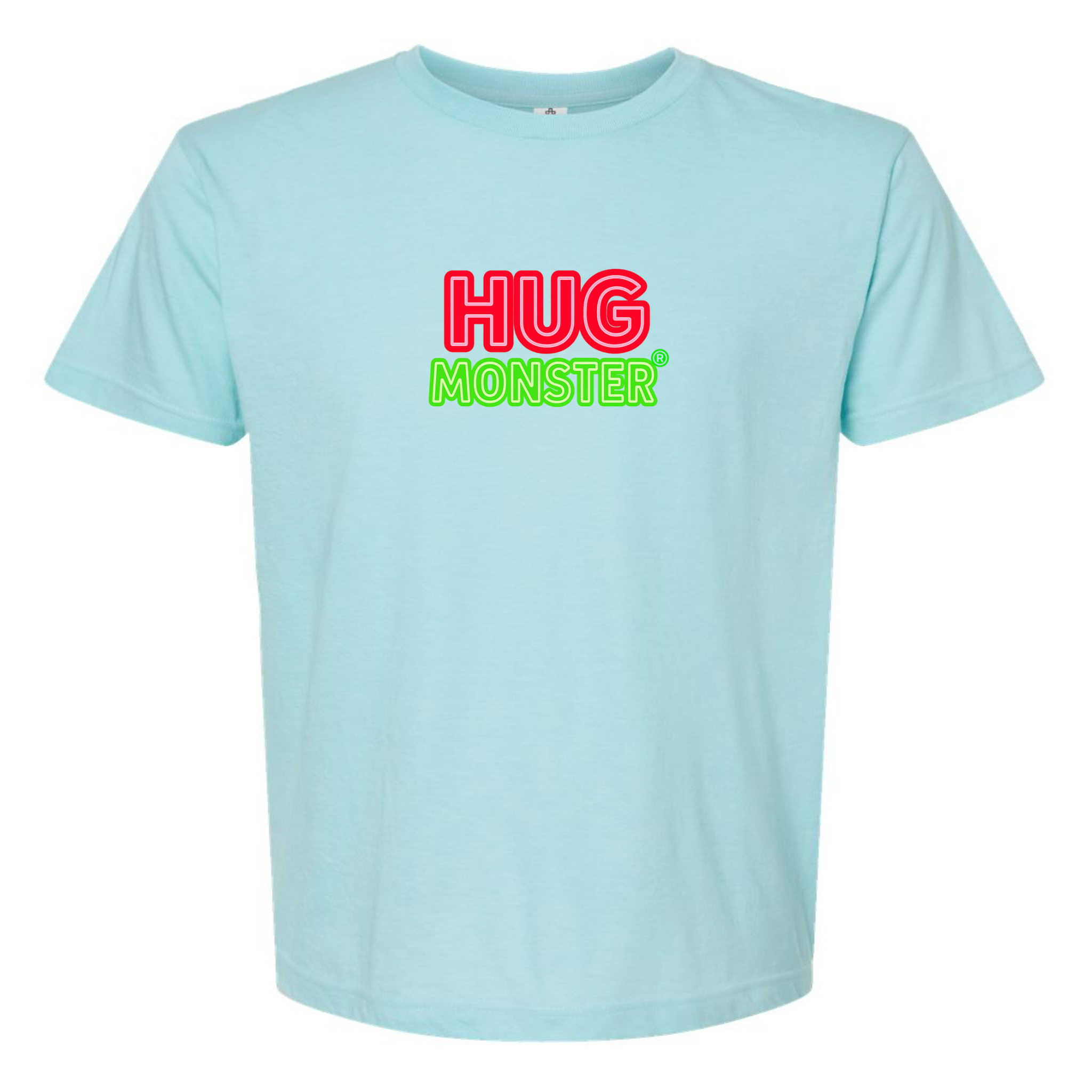 Hug Monster Classic Logo Bold Outline (Red & Green Logo) T-Shirt in Heather Turquoise – Front View